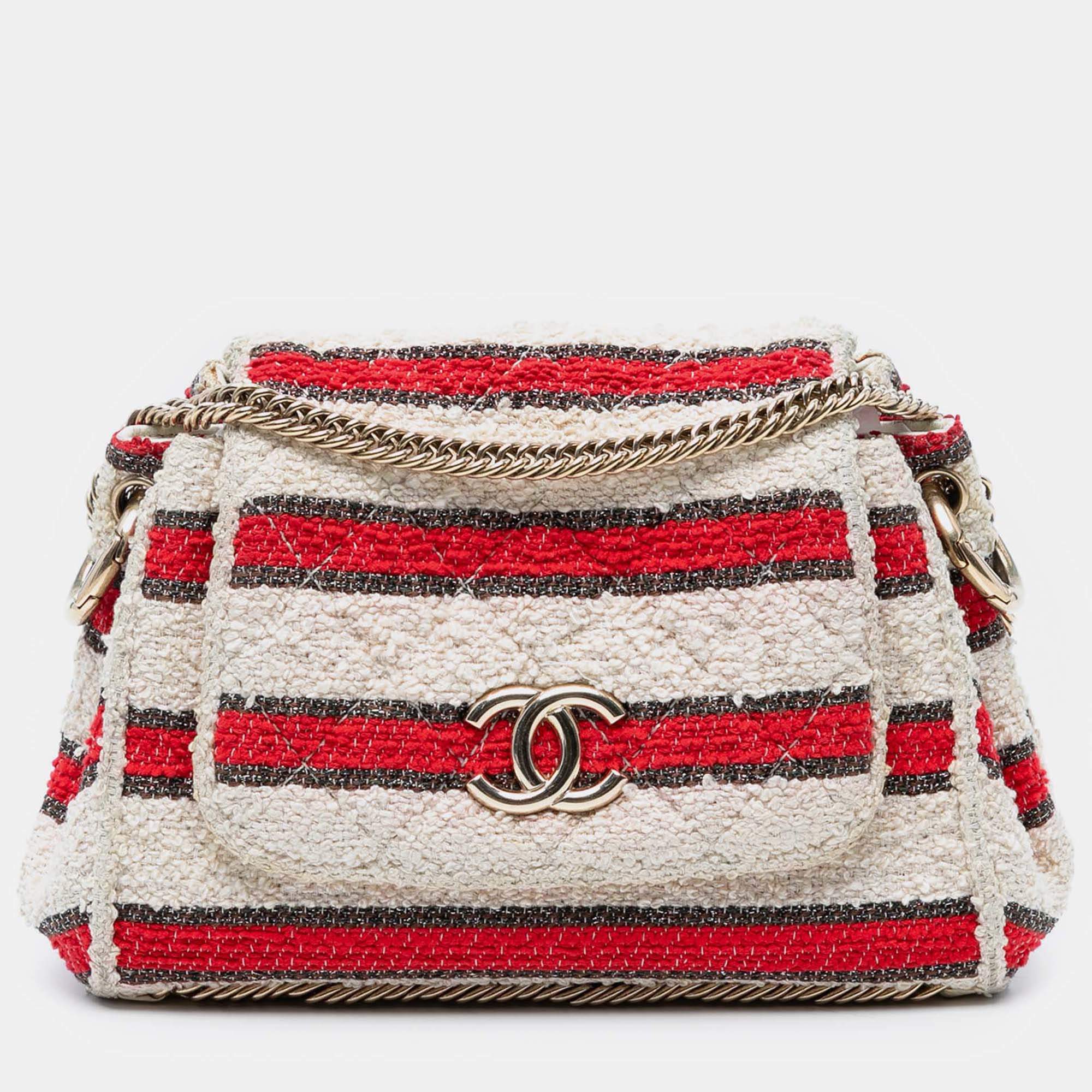 Pre Owned Chanel Multicolor CC Quilted Tweed Striped Single Flap