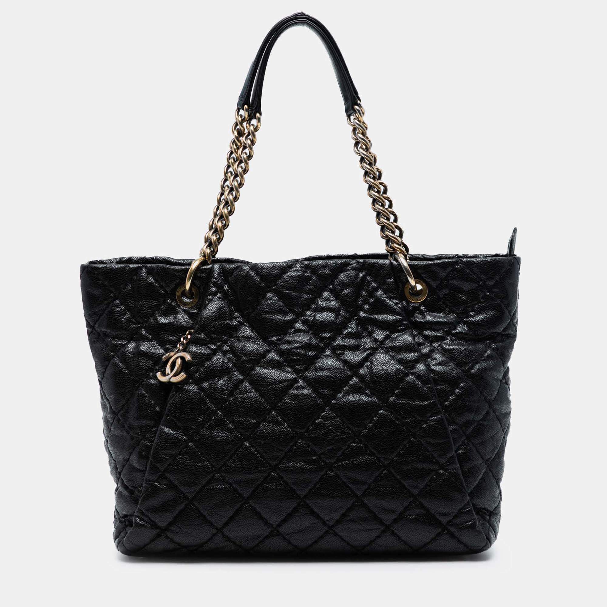 Pre Owned Chanel Black Large CC Quilted Glazed Caviar Coco Pleats Tote
