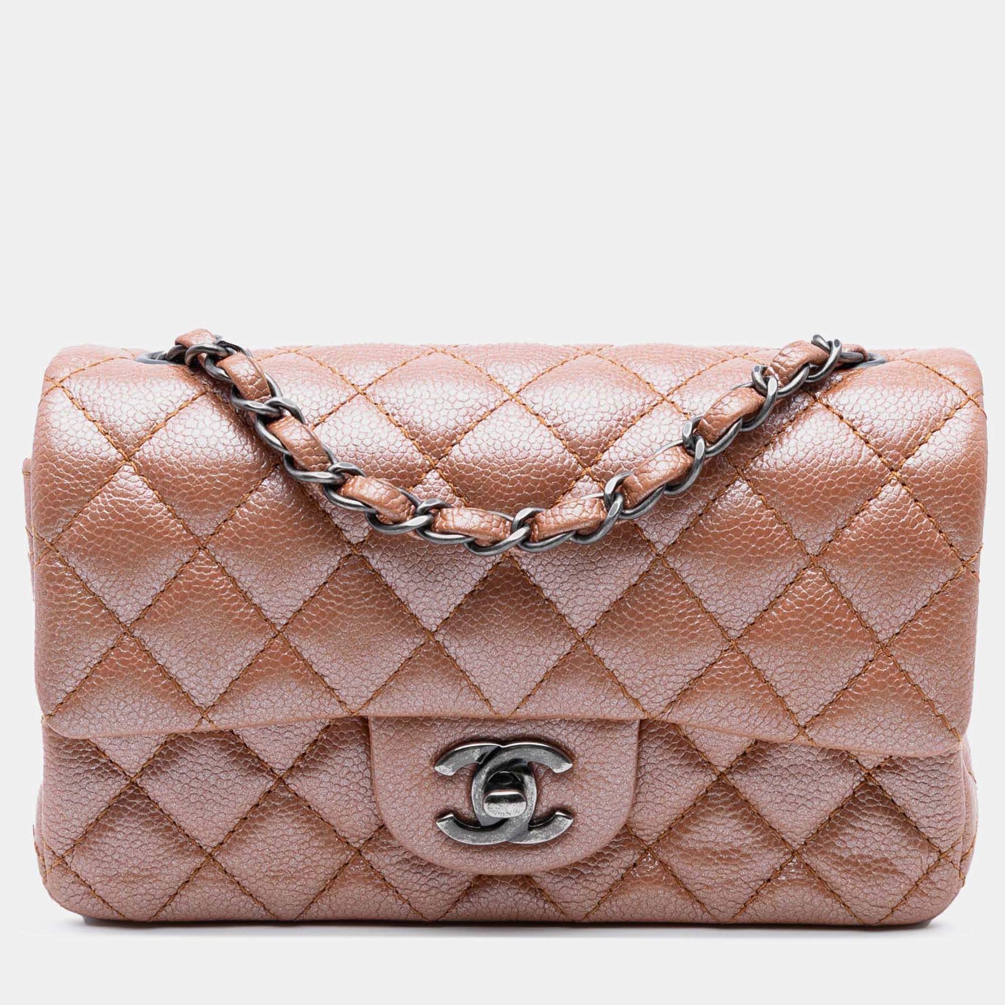 Pre Owned Chanel Pink Mini Rectangular Classic Metallic Caviar Single Flap