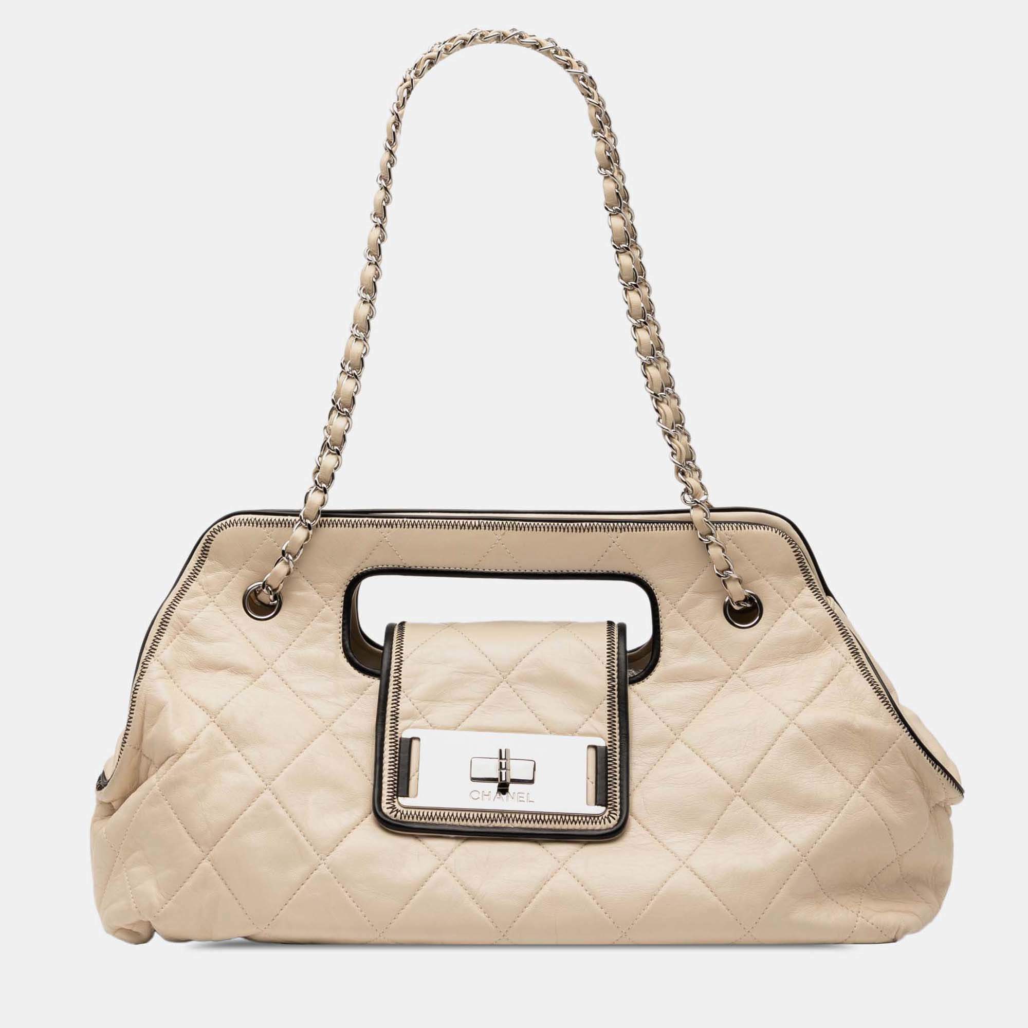 Pre Owned Chanel Brown Quilted Lambskin East West Mademoiselle Accordion Flap