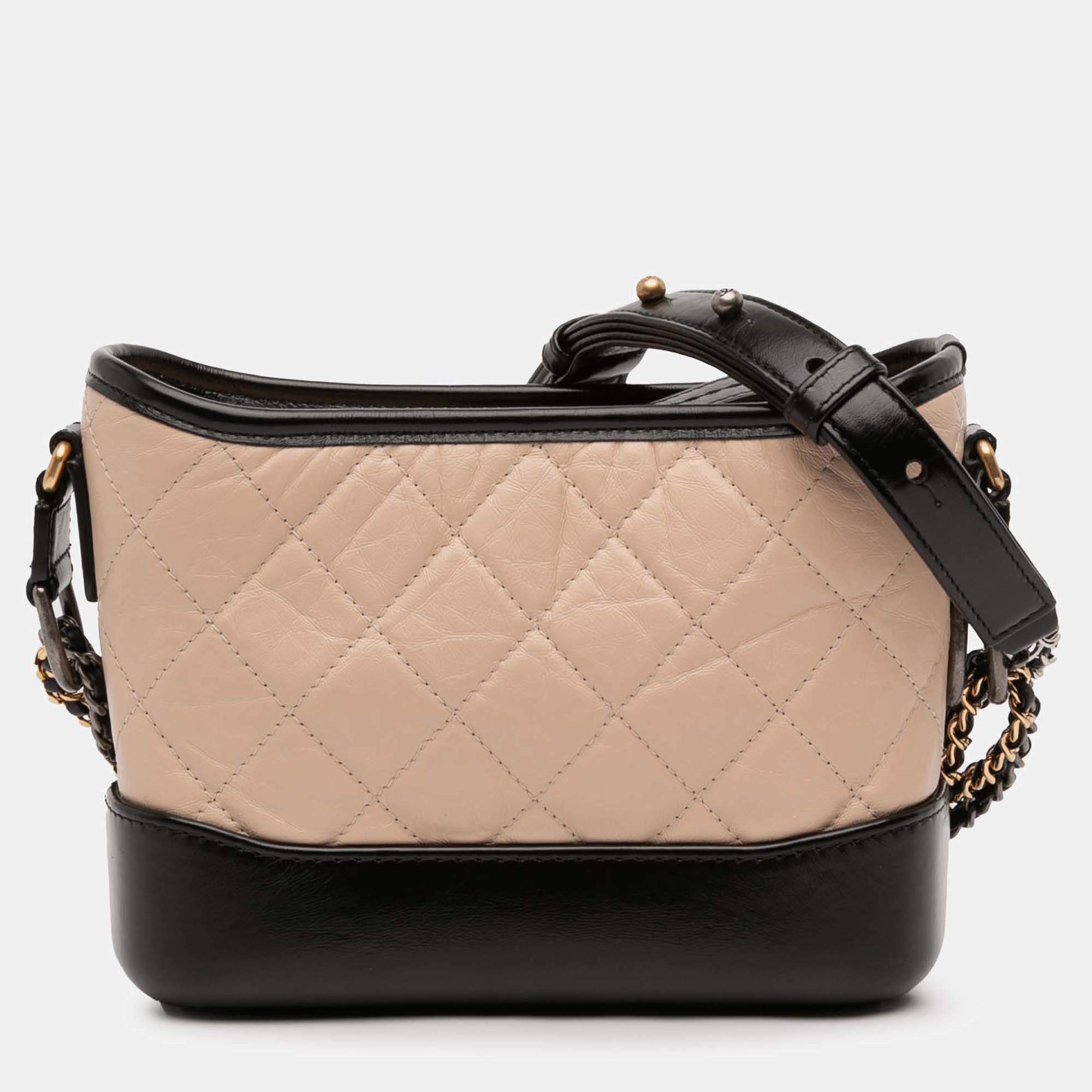 Pre Owned Chanel Beige Black Small Quilted Aged Calfskin Gabrielle Hobo