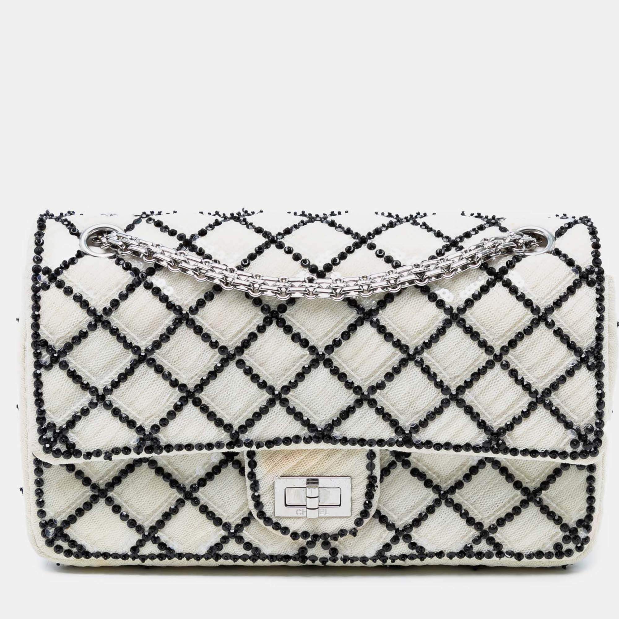 Pre Owned Chanel Black White Reissue 2.55 Quilted Sequined Mesh Double Flap 225