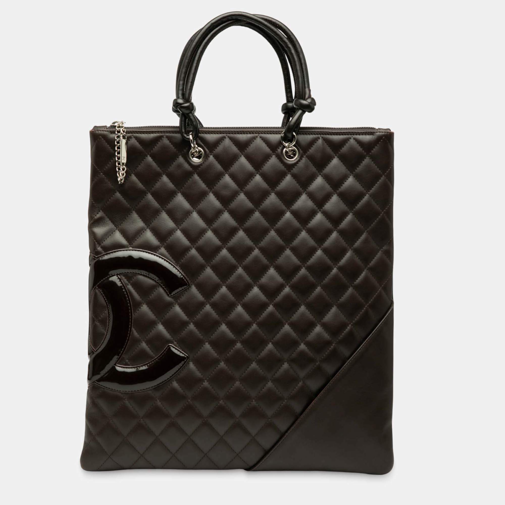 Pre Owned Chanel Black Quilted Lambskin Cambon Ligne Flat Tote