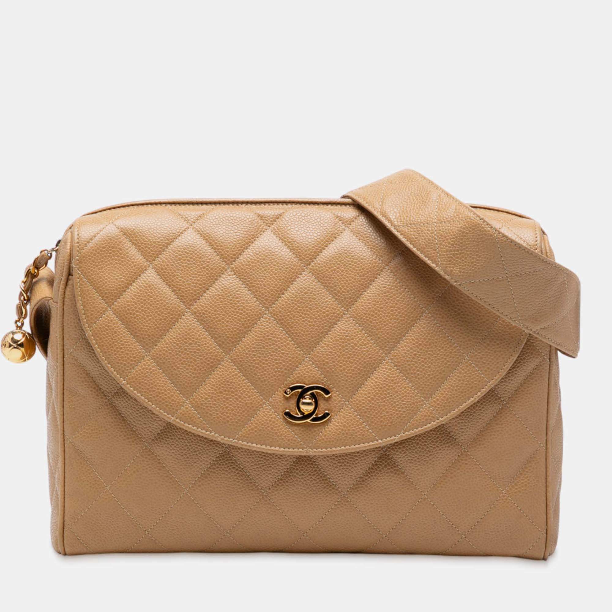 Pre Owned Chanel Beige CC Quilted Caviar Camera Bag