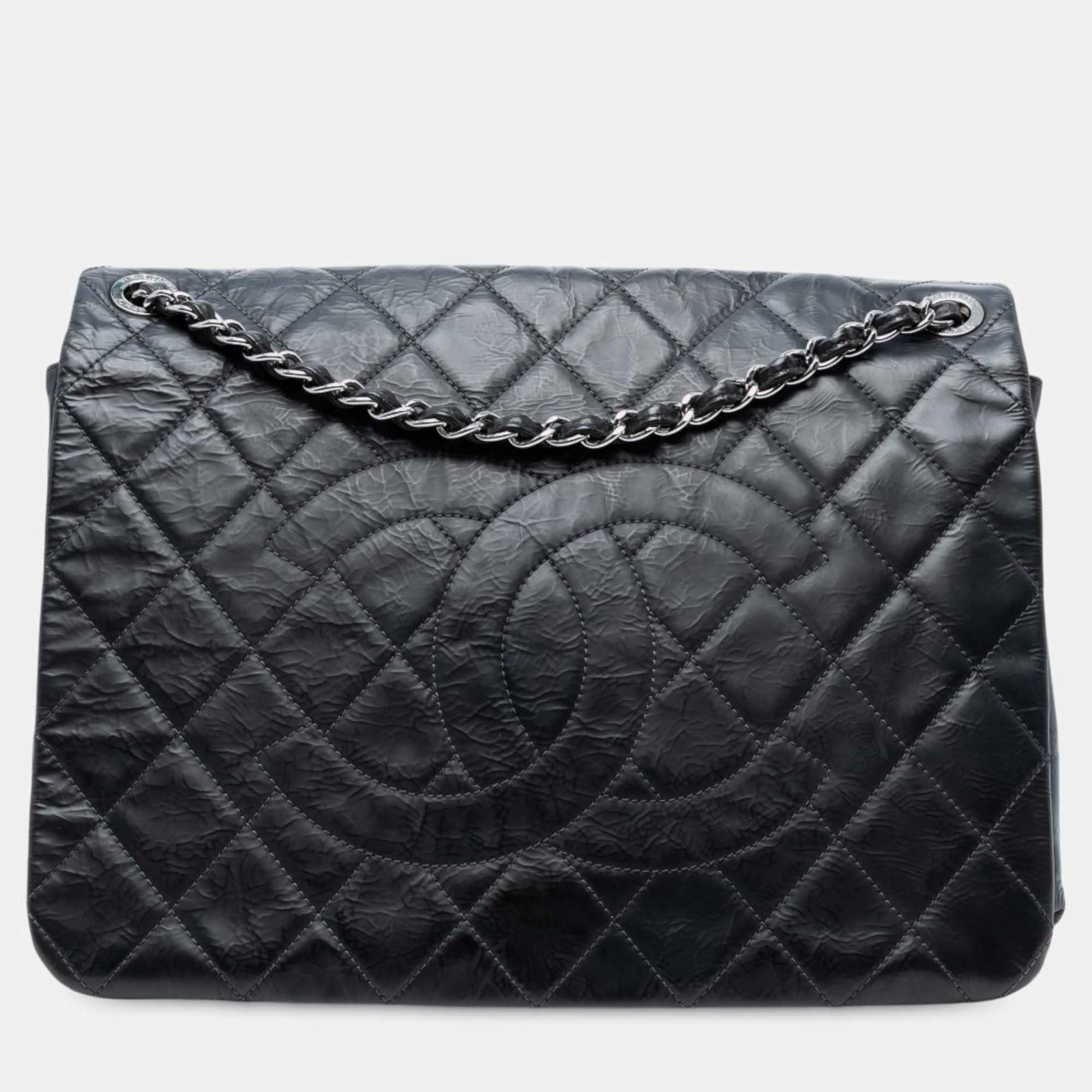Pre Owned Chanel Black XL CC Glazed Quilted Calfskin Single Flap