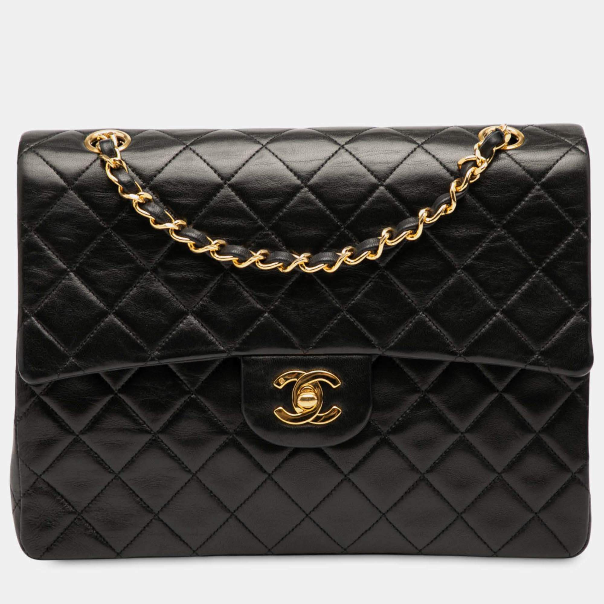 Pre Owned Chanel Black Medium Tall Classic Lambskin Double Flap