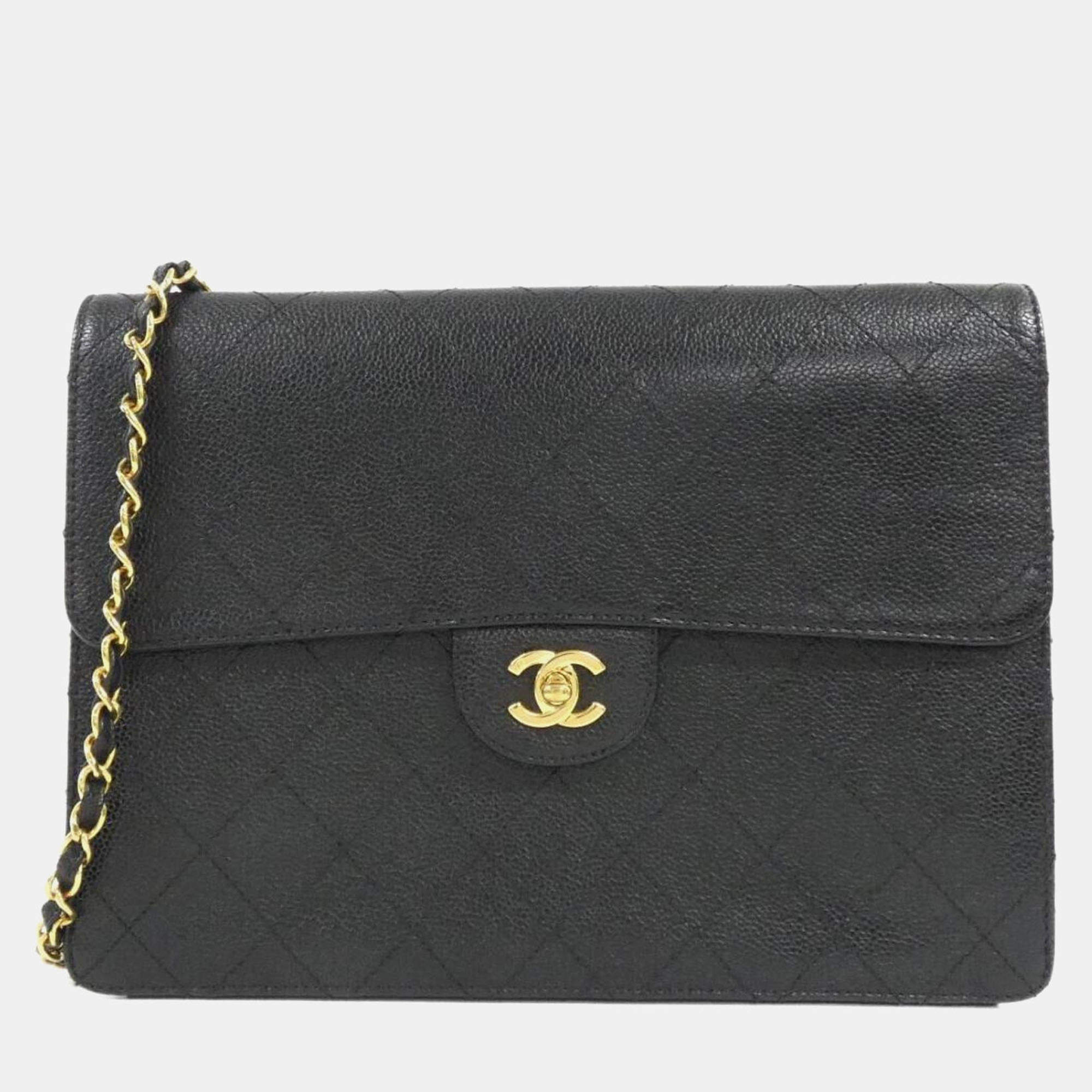 Pre Owned Chanel Black Calf Leather Shoulder Bag