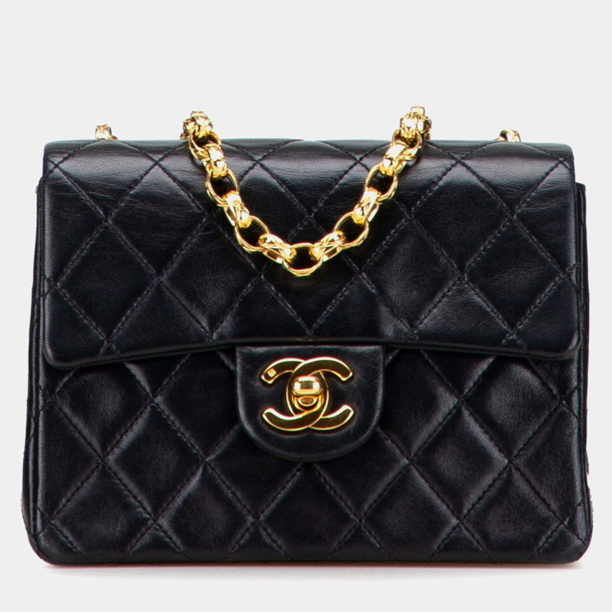 Pre Owned Chanel Mini Matelasse Coco Mark Chain Shoulder Bag In Black Lambskin