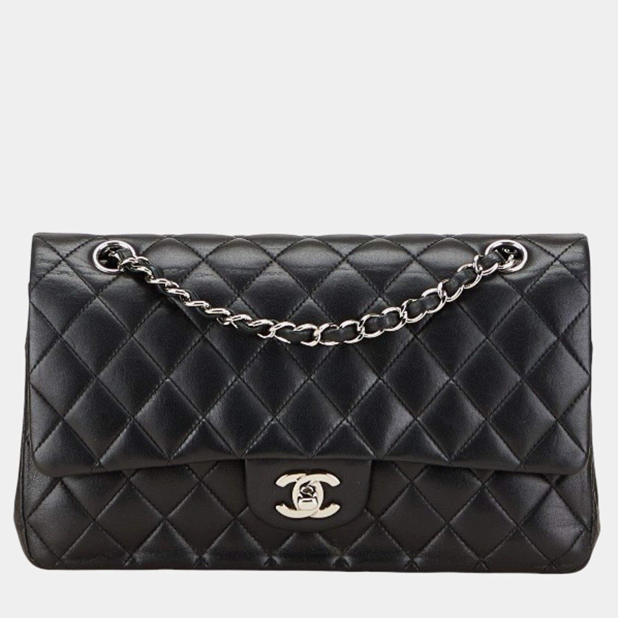 Pre Owned Chanel Matelasse 25 Double Flap Coco Mark Chain Shoulder Bag In Black Lambskin