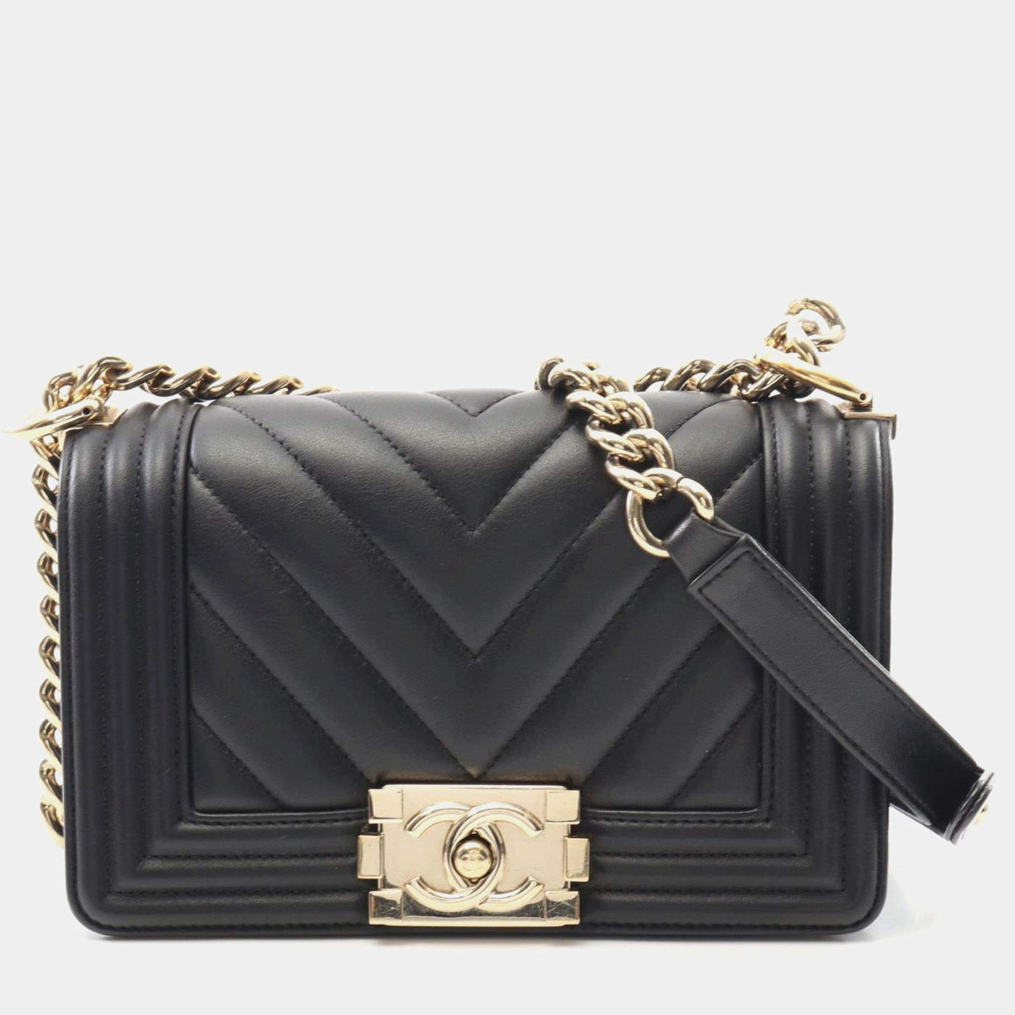 Pre Owned Chanel Boy Chanel Small Chevron V-Stitch Shoulder Bag In Lambskin Leather Black
