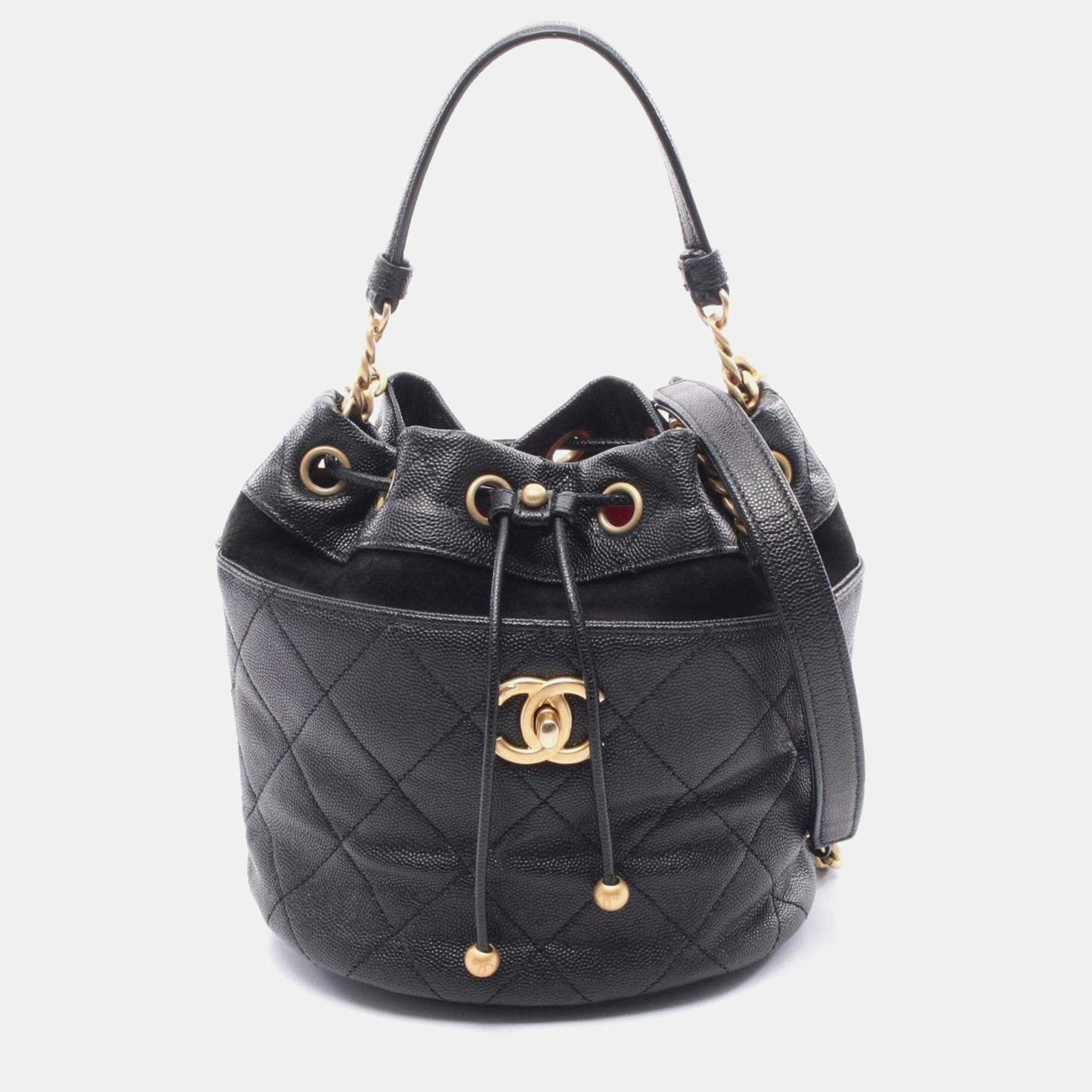 Pre Owned Chanel Matelasse Mini Bucket Shoulder Bag In Grained Calfskin Caviar Black