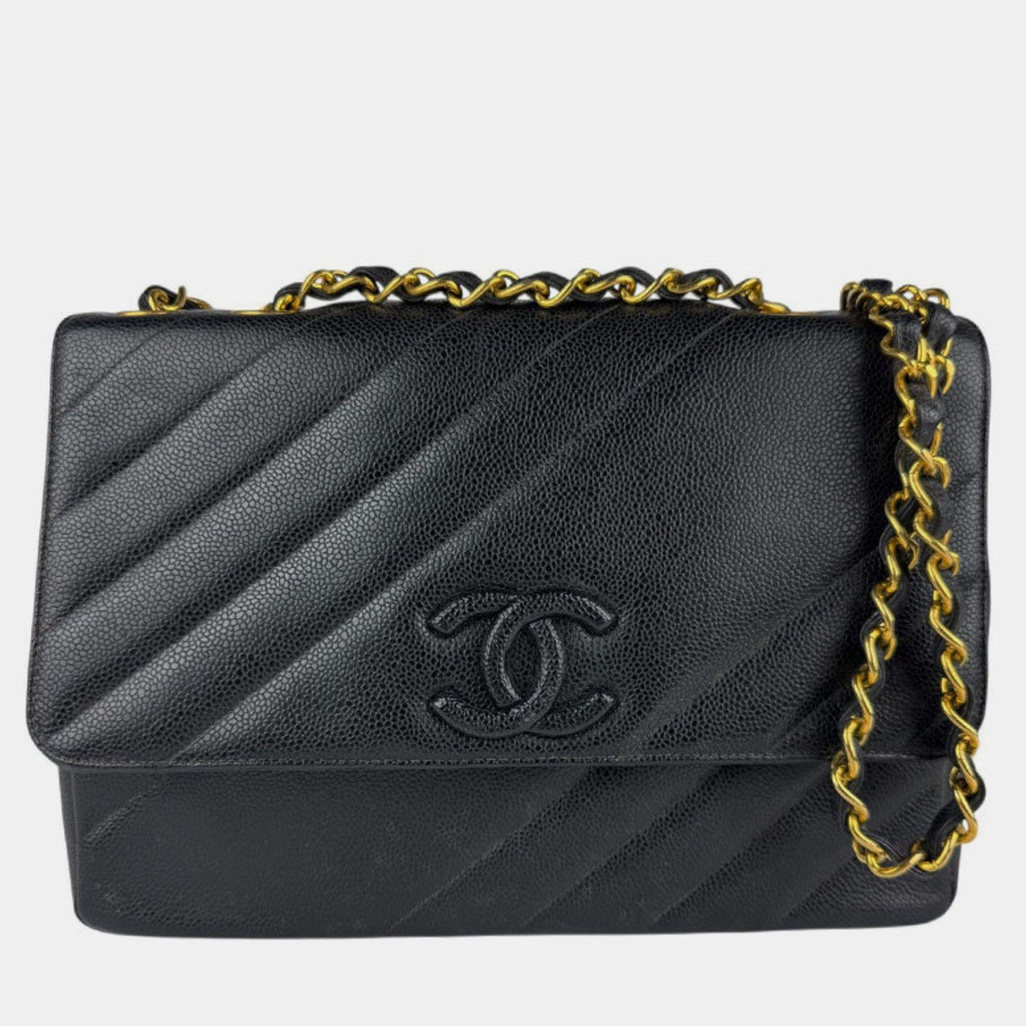 Pre Owned Chanel Shoulder Bag Caviar Leather Metal Black Gold