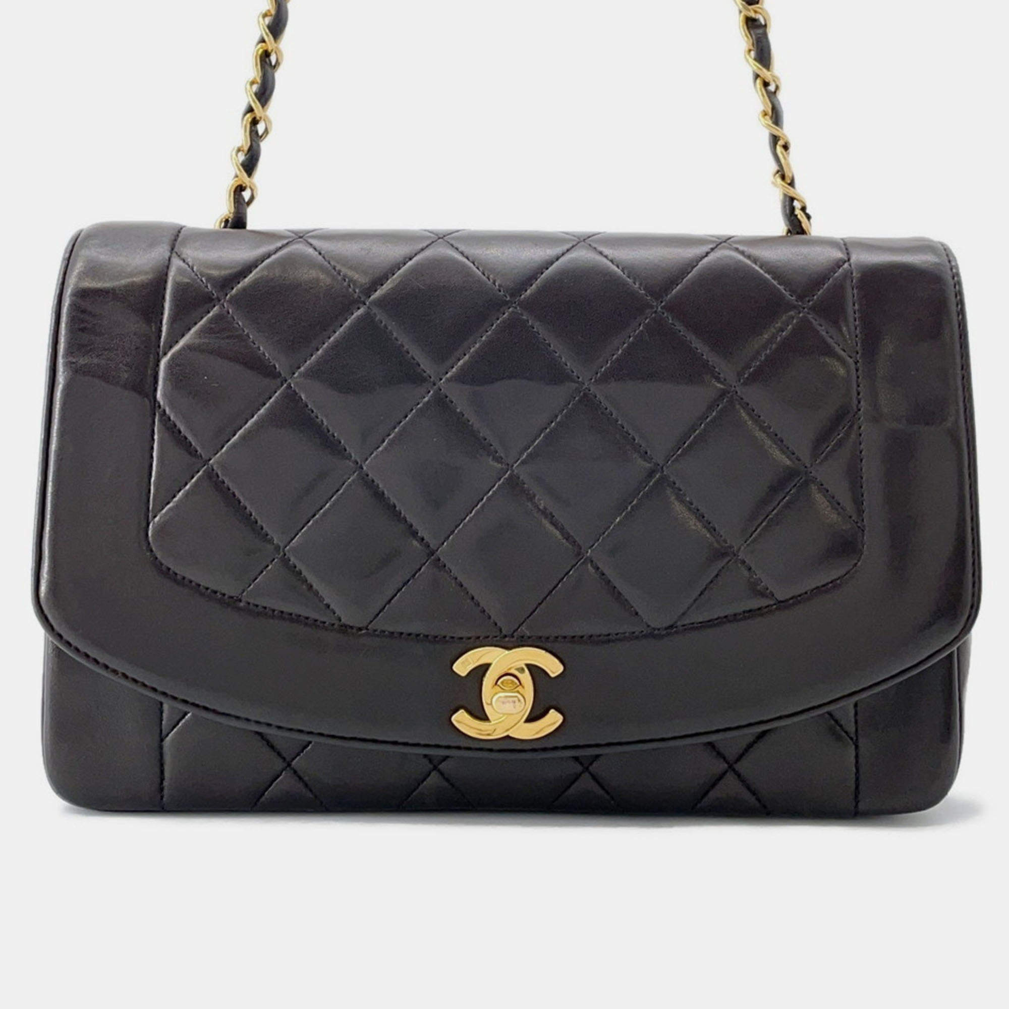 Pre Owned Chanel Chain Shoulder Bag Matelasse 25 Coco Mark Diana Lambskin Black