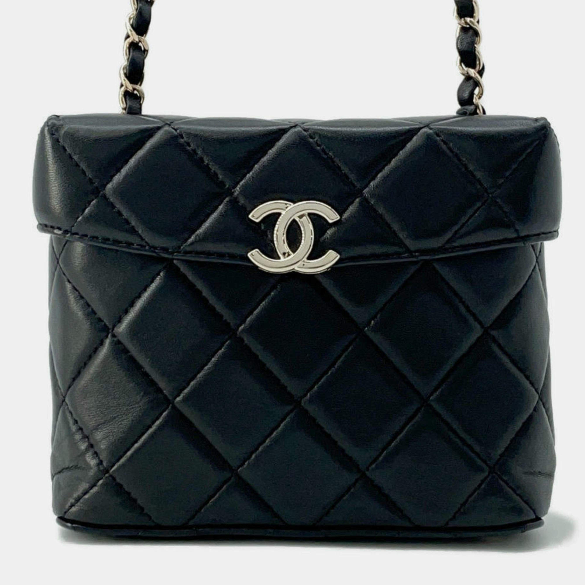 Pre Owned Chanel Chain Shoulder Bag Matelasse Coco Mark Vanity Lambskin Black