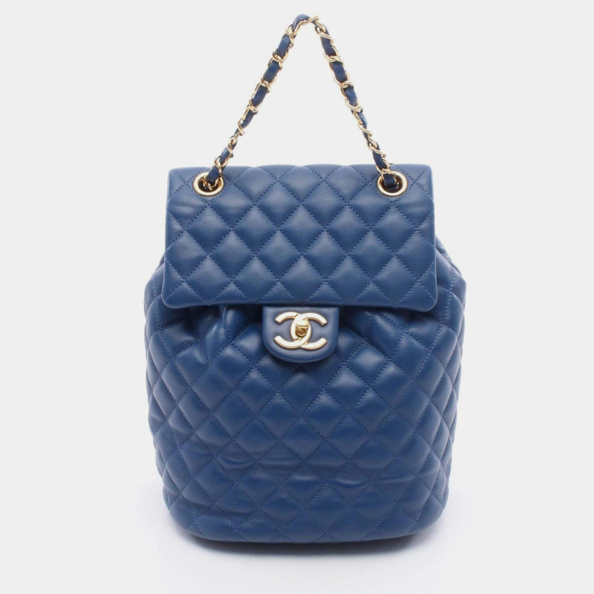 Pre Owned Chanel Matelasse Backpack Lambskin Sheepskin Blue