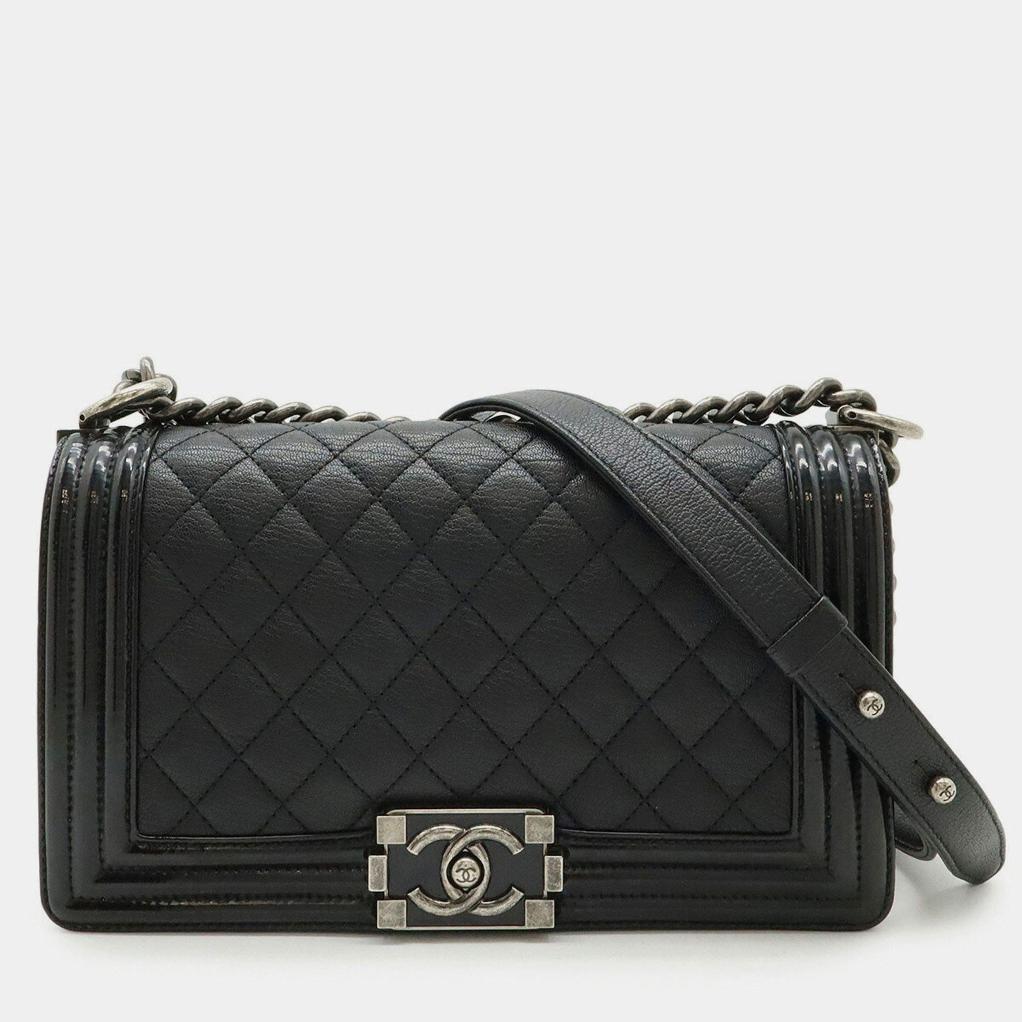 Pre Owned Chanel Boy Chanel 25 Coco Mark Chain Shoulder Bag Leather Enamel Black