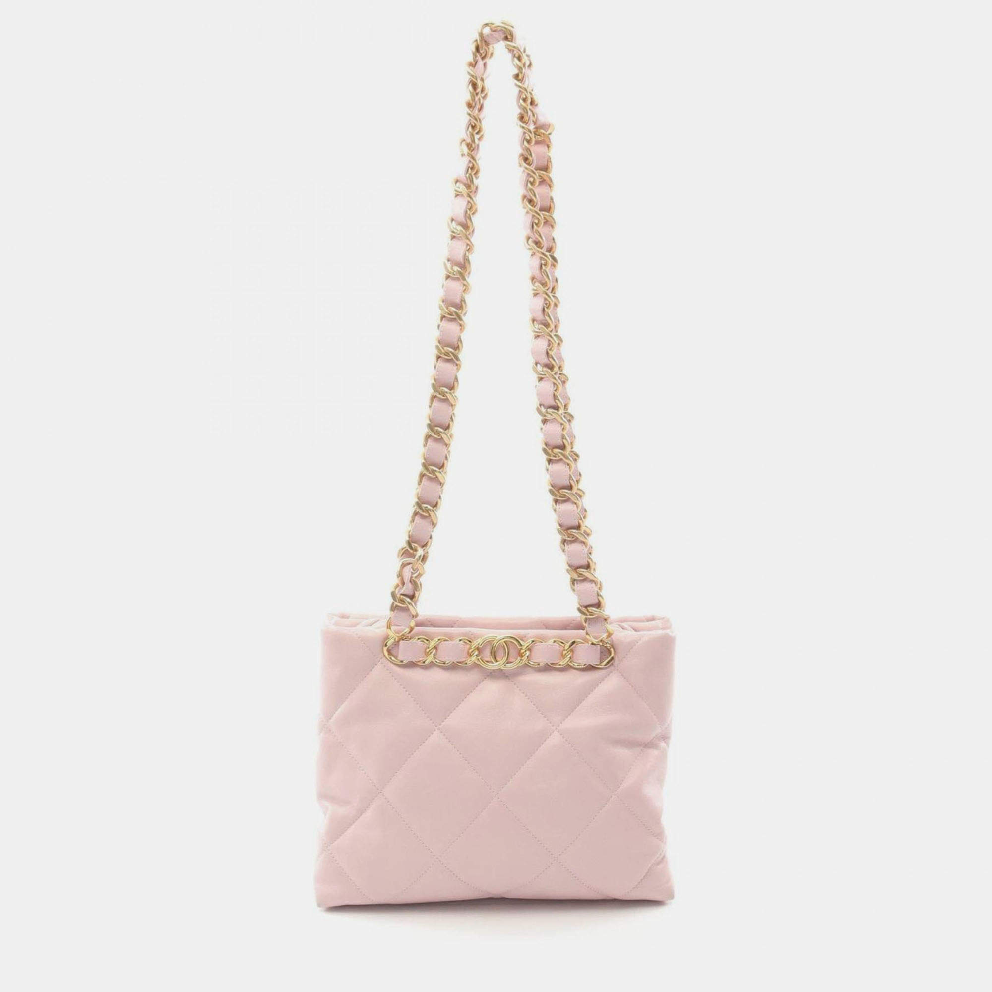 Pre Owned Chanel Matelasse Small Tote Bag Lambskin Sheepskin Pink