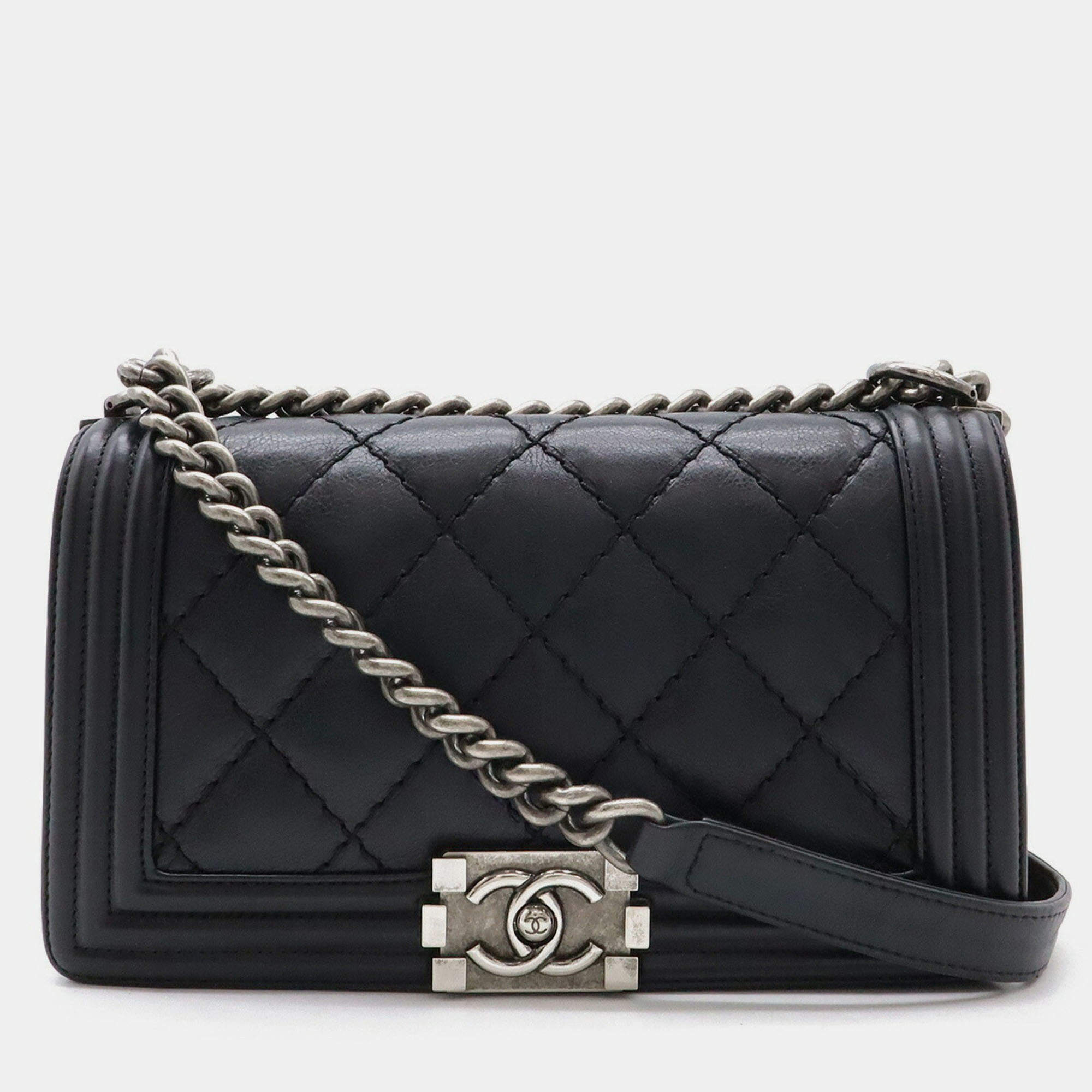 Pre Owned Chanel Boy Chanel 25 Wild Stitch Matelasse Coco Mark Chain Shoulder Bag Leather Black
