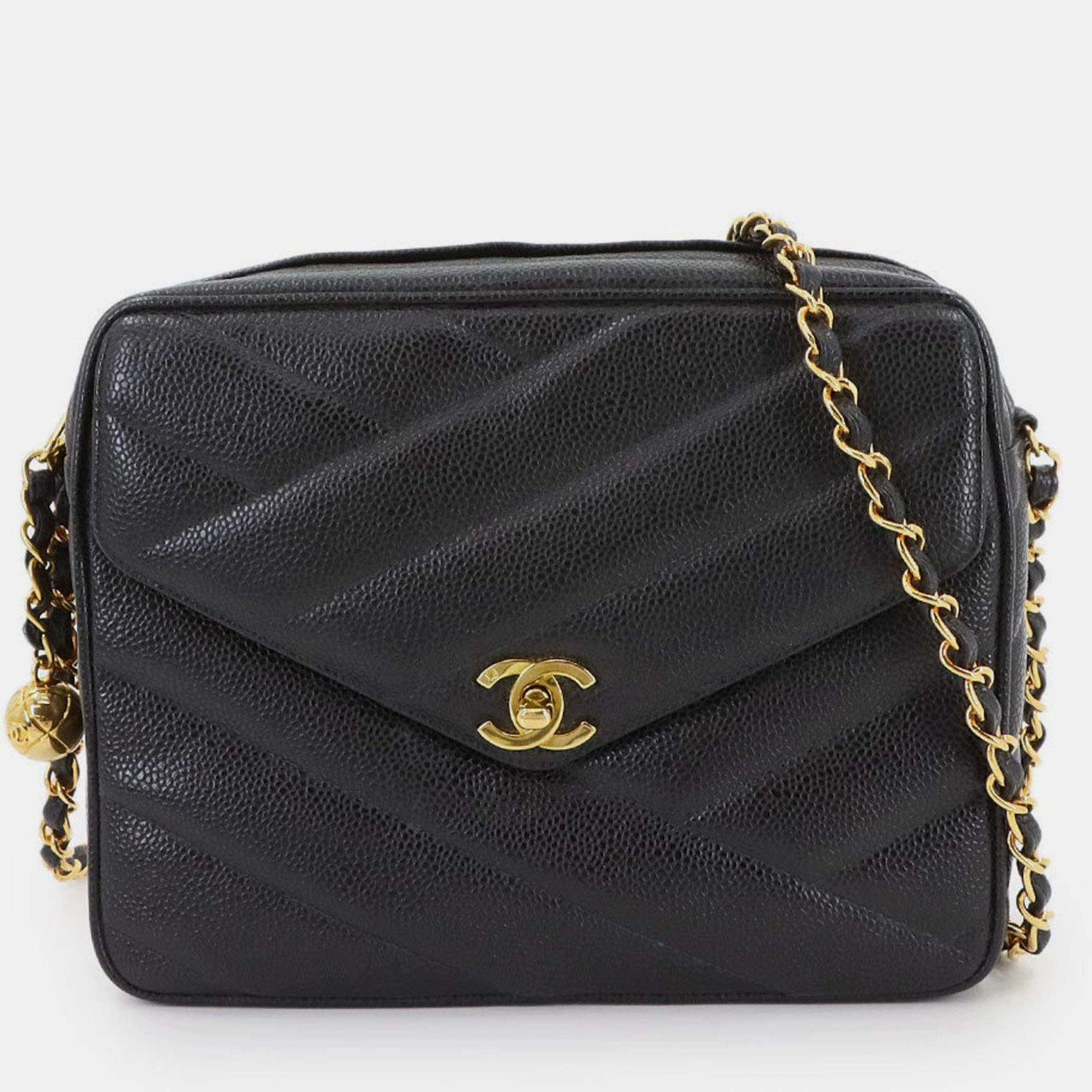 Pre Owned Chanel Chain Shoulder Bag In Caviar Leather With Black