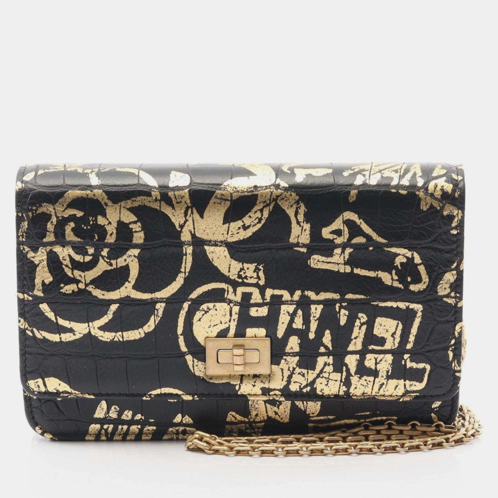 Pre Owned Chanel 2.55 Shoulder Bag Leather Black And Gold