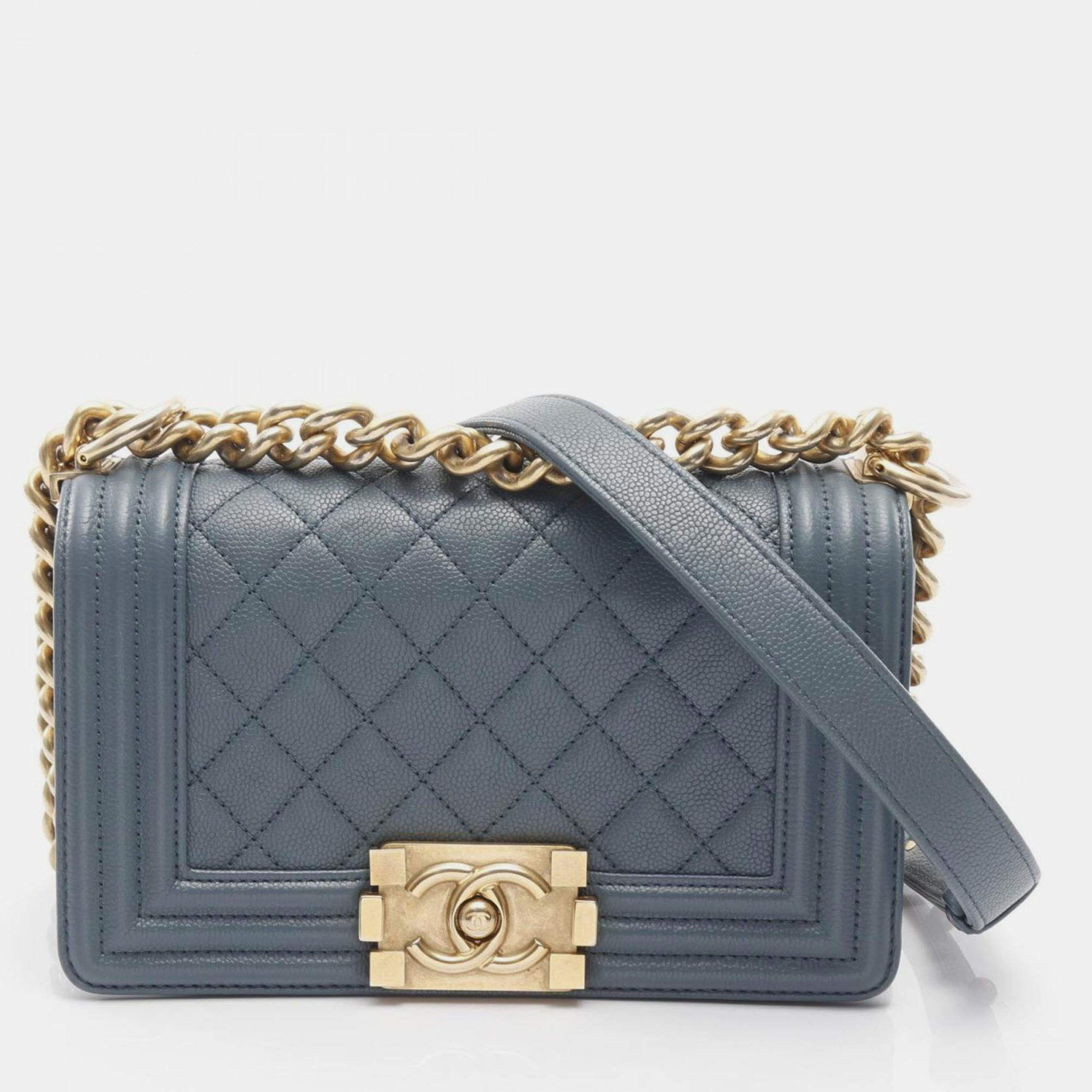 Pre Owned Chanel Boy Chanel Small Shoulder Bag Calfskin Leather Blue