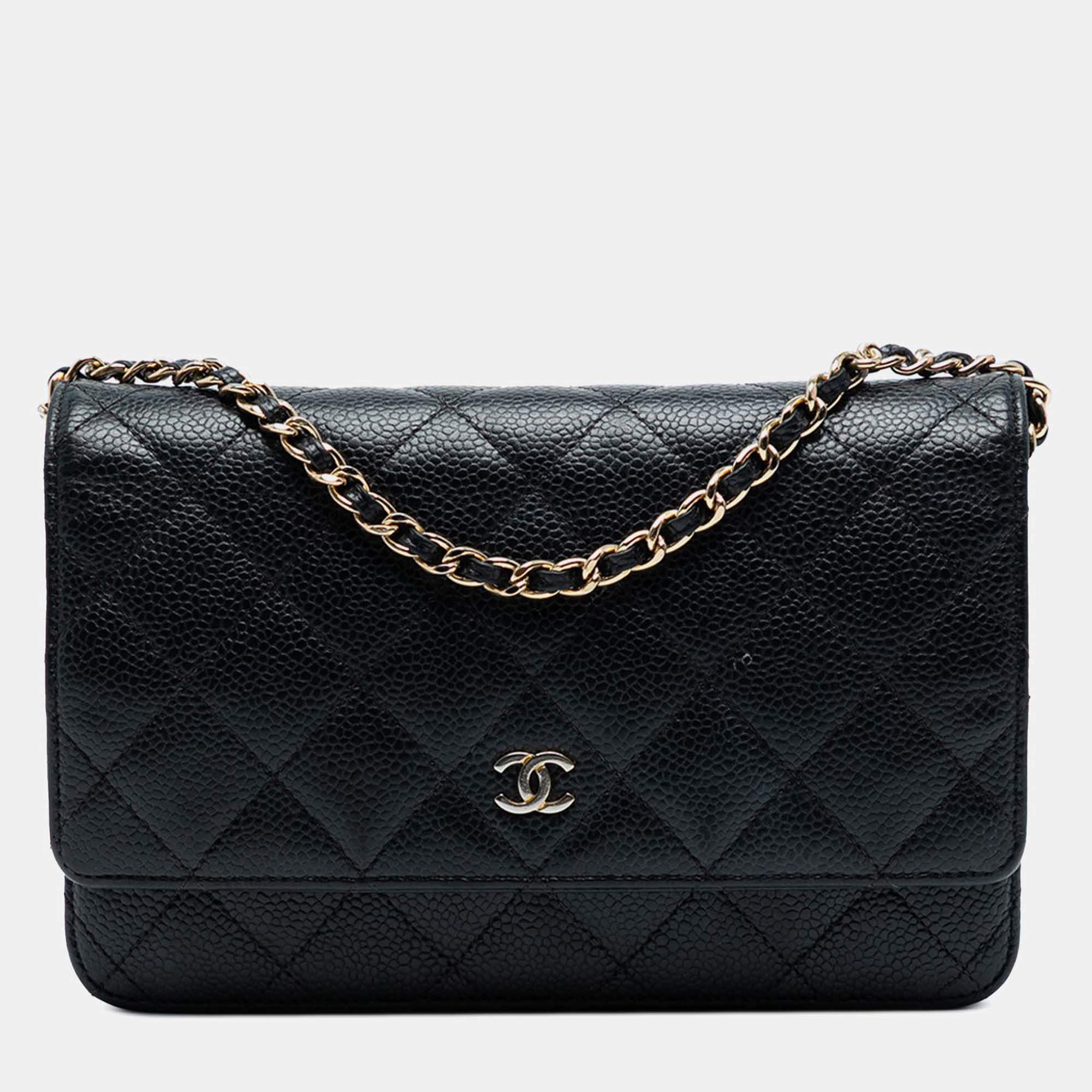Pre Owned Chanel Black CC Quilted Caviar Wallet on Chain