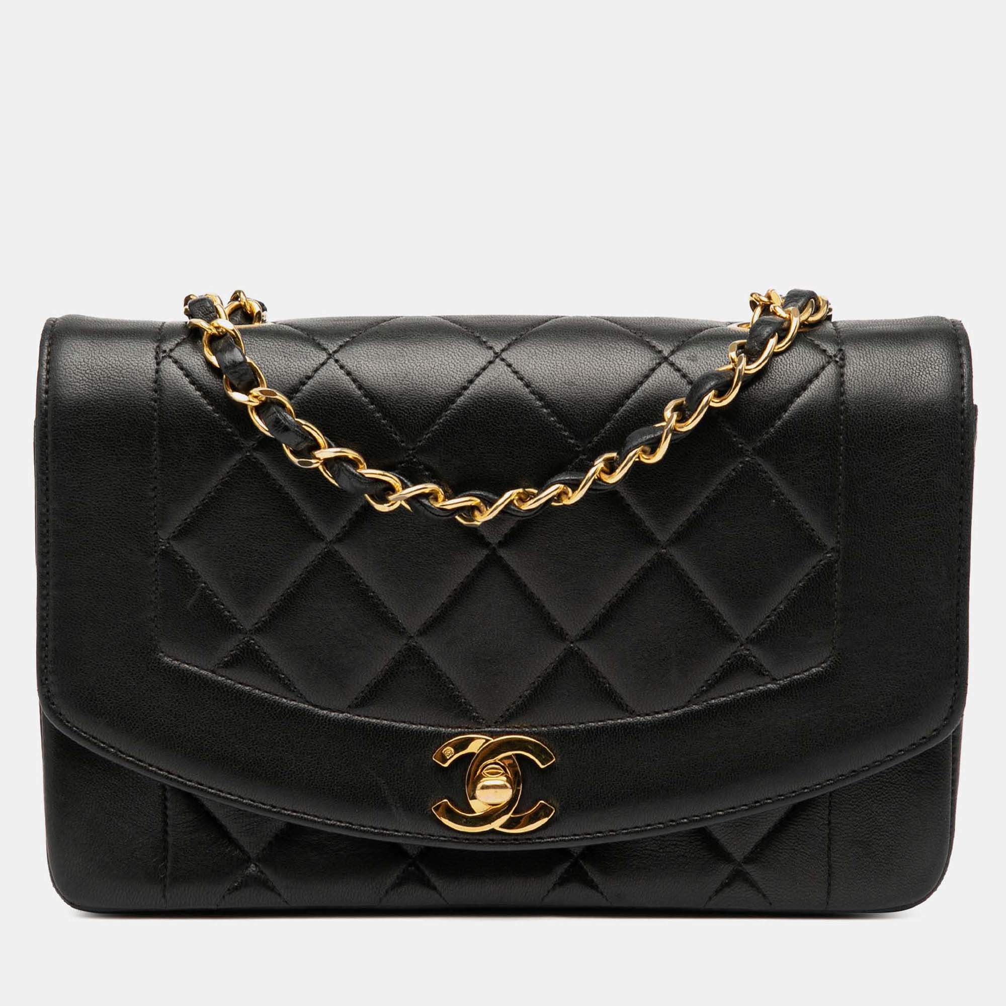 Pre Owned Chanel Black Small Lambskin Diana Flap