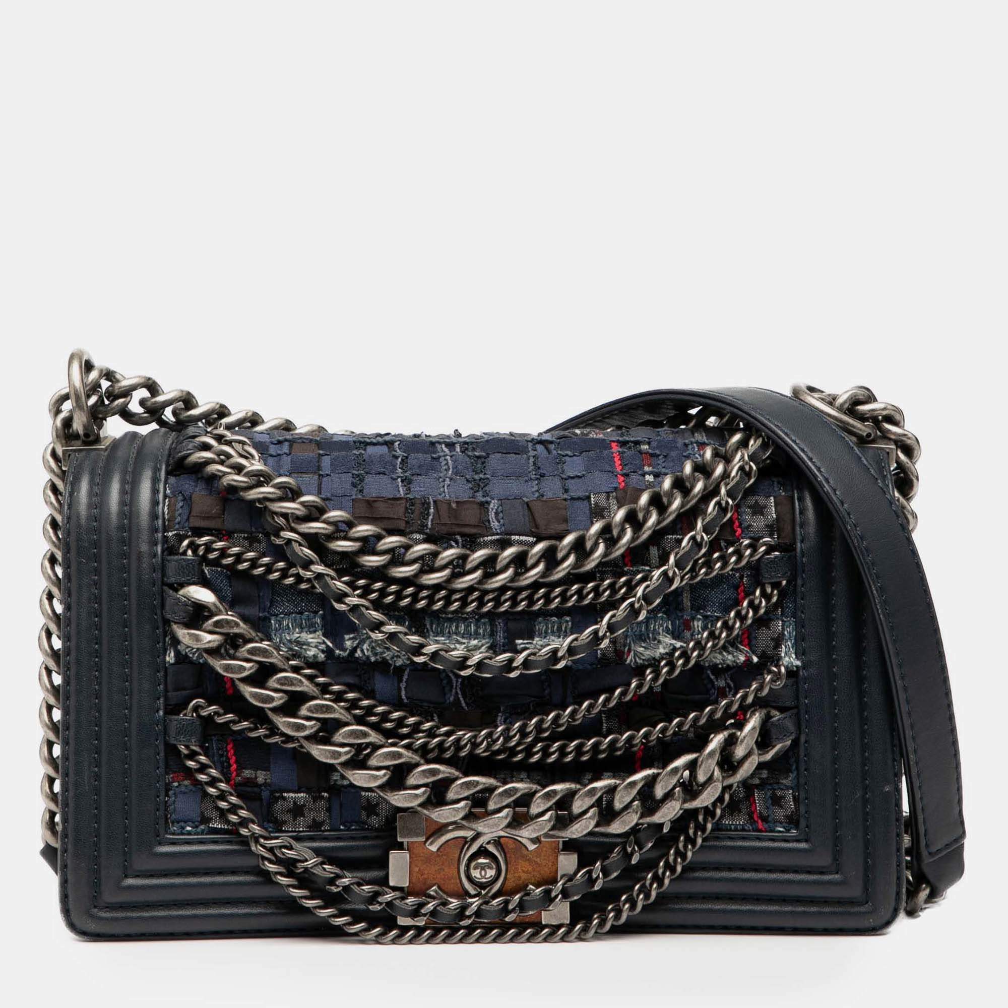 Pre Owned Chanel Navy Blue Old Medium Tweed Enchained Boy Flap