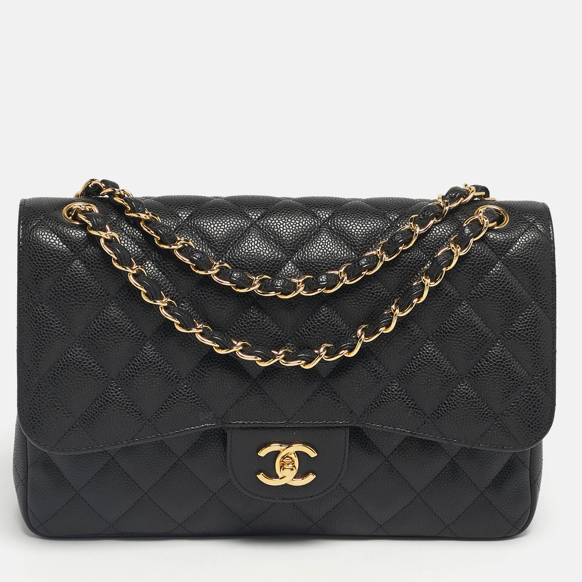 Pre Owned Chanel Black Quilted Caviar Leather Jumbo Classic Double Flap Bag