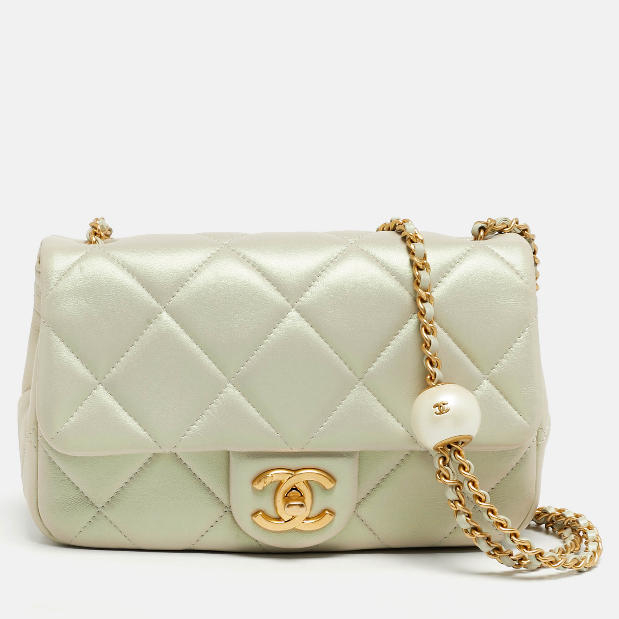 Pre Owned Chanel Green Iridescent Quilted Leather Mini Double Pearl Flap Bag