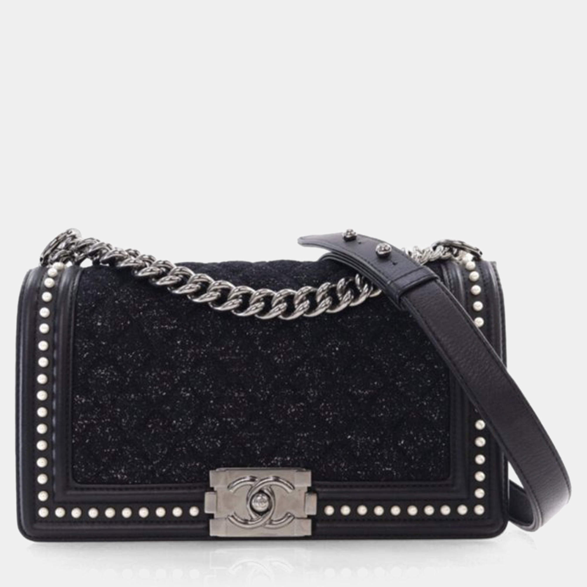 Pre Owned Chanel Medium Tweed Pearl Embellished Boy Bag
