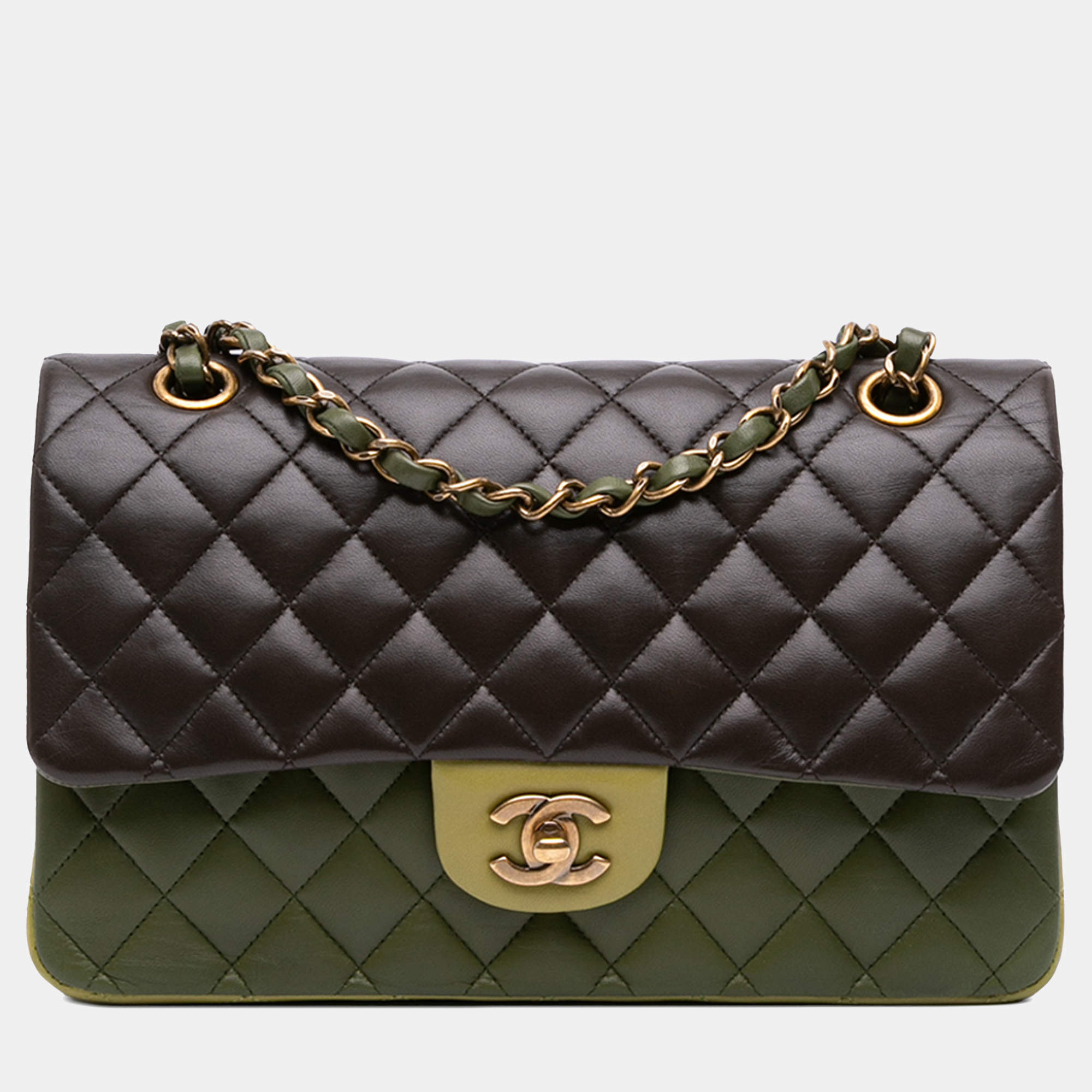 Pre Owned Chanel Green Medium Classic Tricolor Lambskin Double Flap