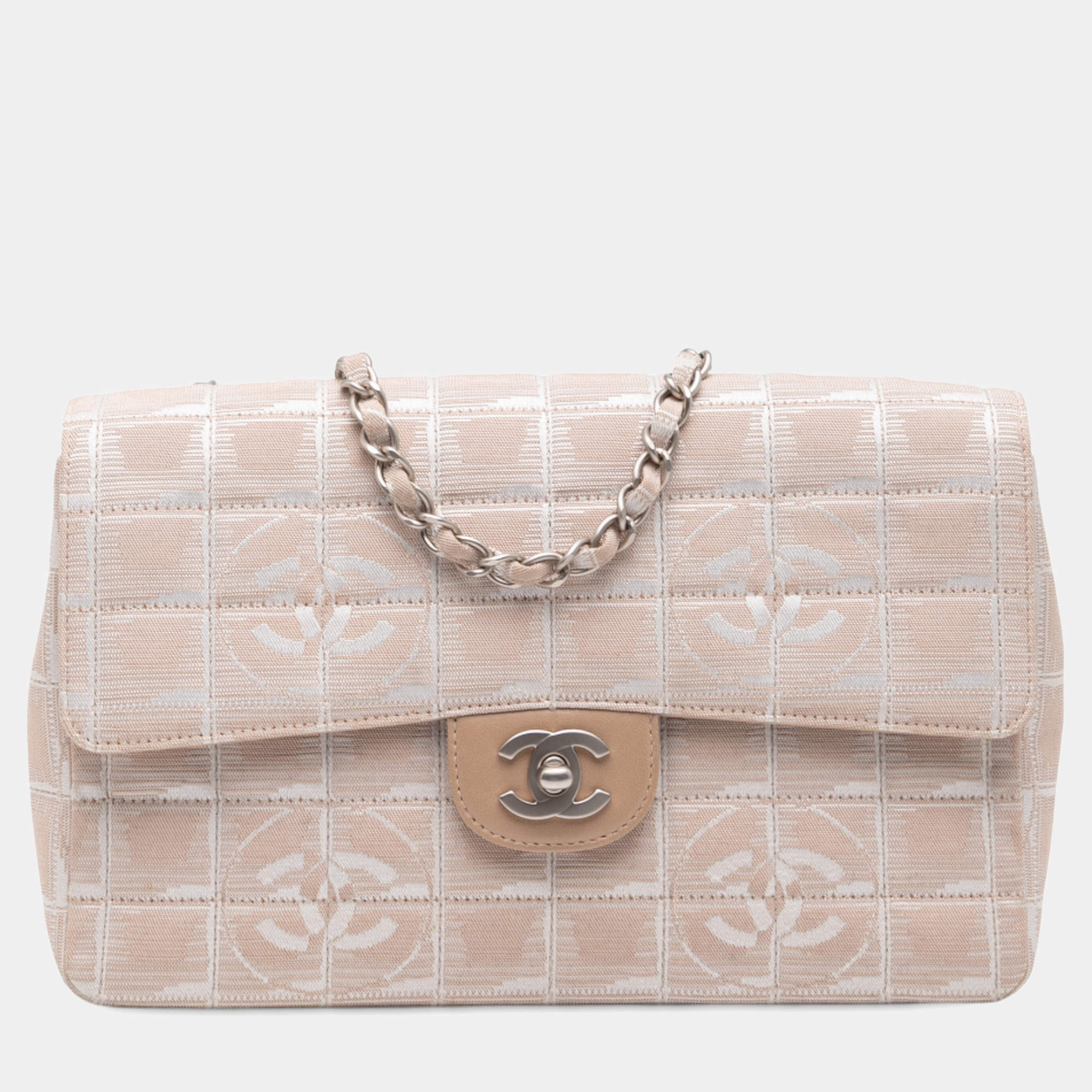 Pre Owned Chanel Beige Medium New Travel Line Nylon Single Flap
