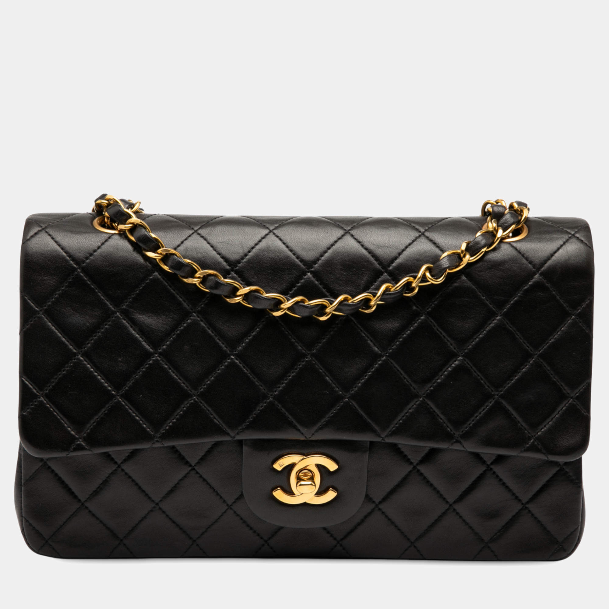 Pre Owned Chanel Black Medium Classic Lambskin Double Flap