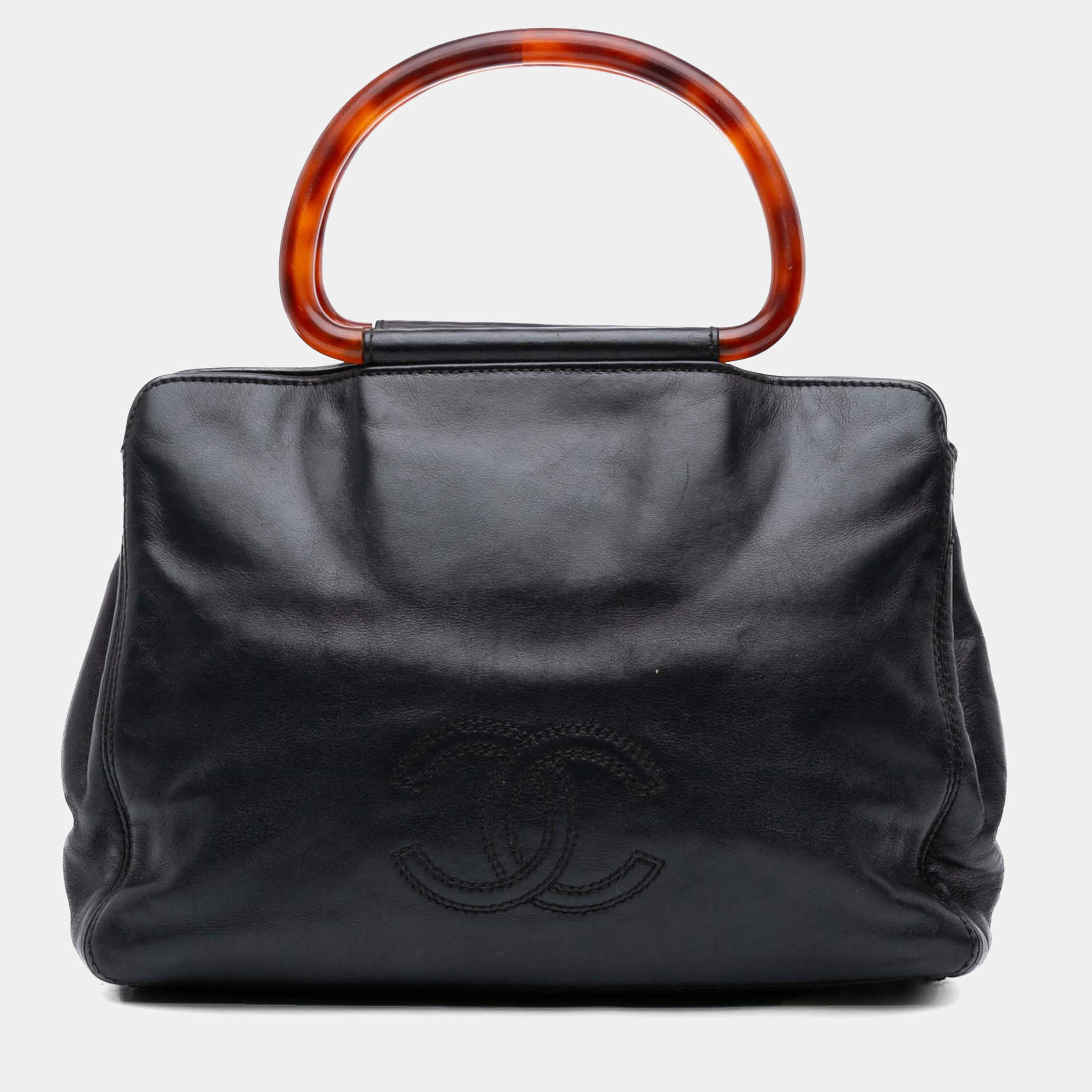 Pre Owned Chanel Black CC Lambskin Tortoise Top Handle Tote