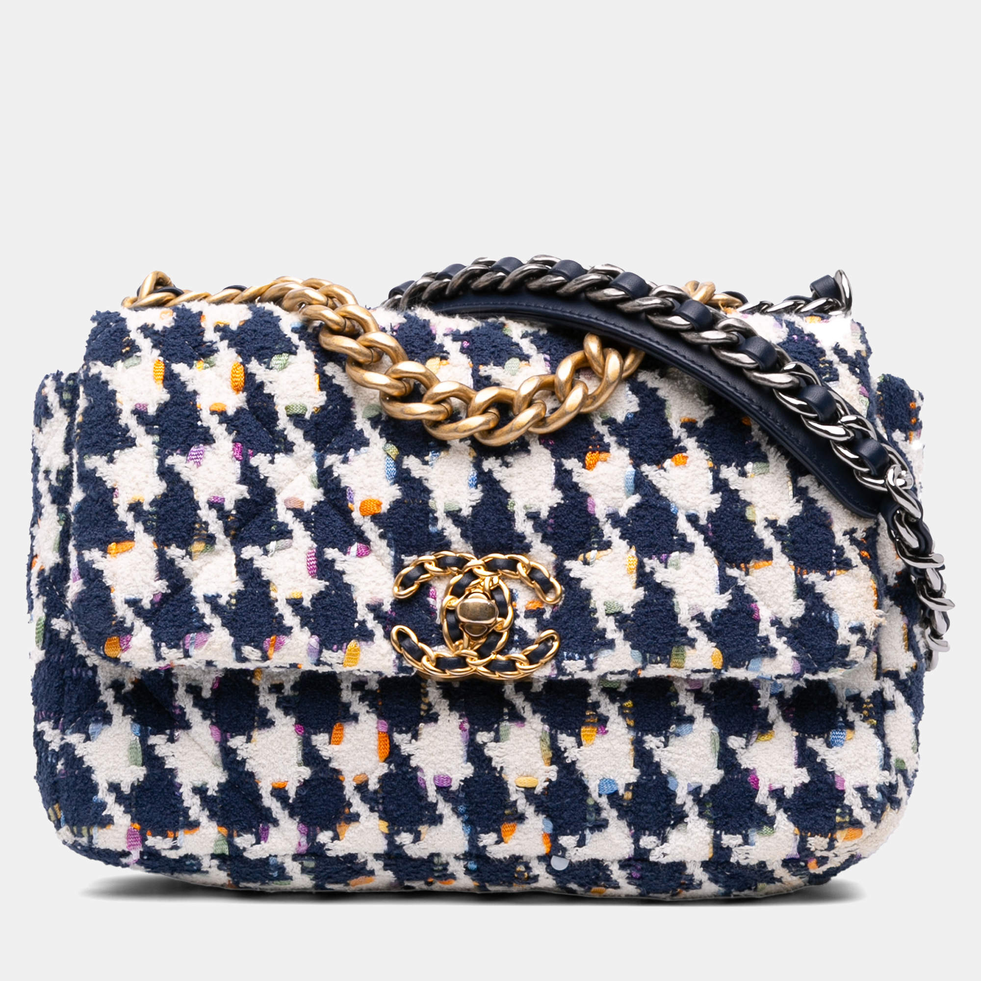 Pre Owned Chanel Navy Blue Medium Houndstooth Tweed 19 Flap