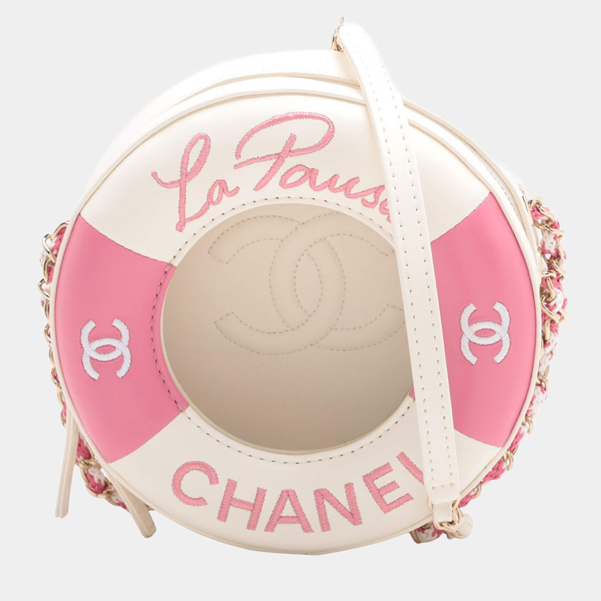 Pre Owned Chanel Pink/White Lambskin La Pausa Coco Lifesaver Round Bag