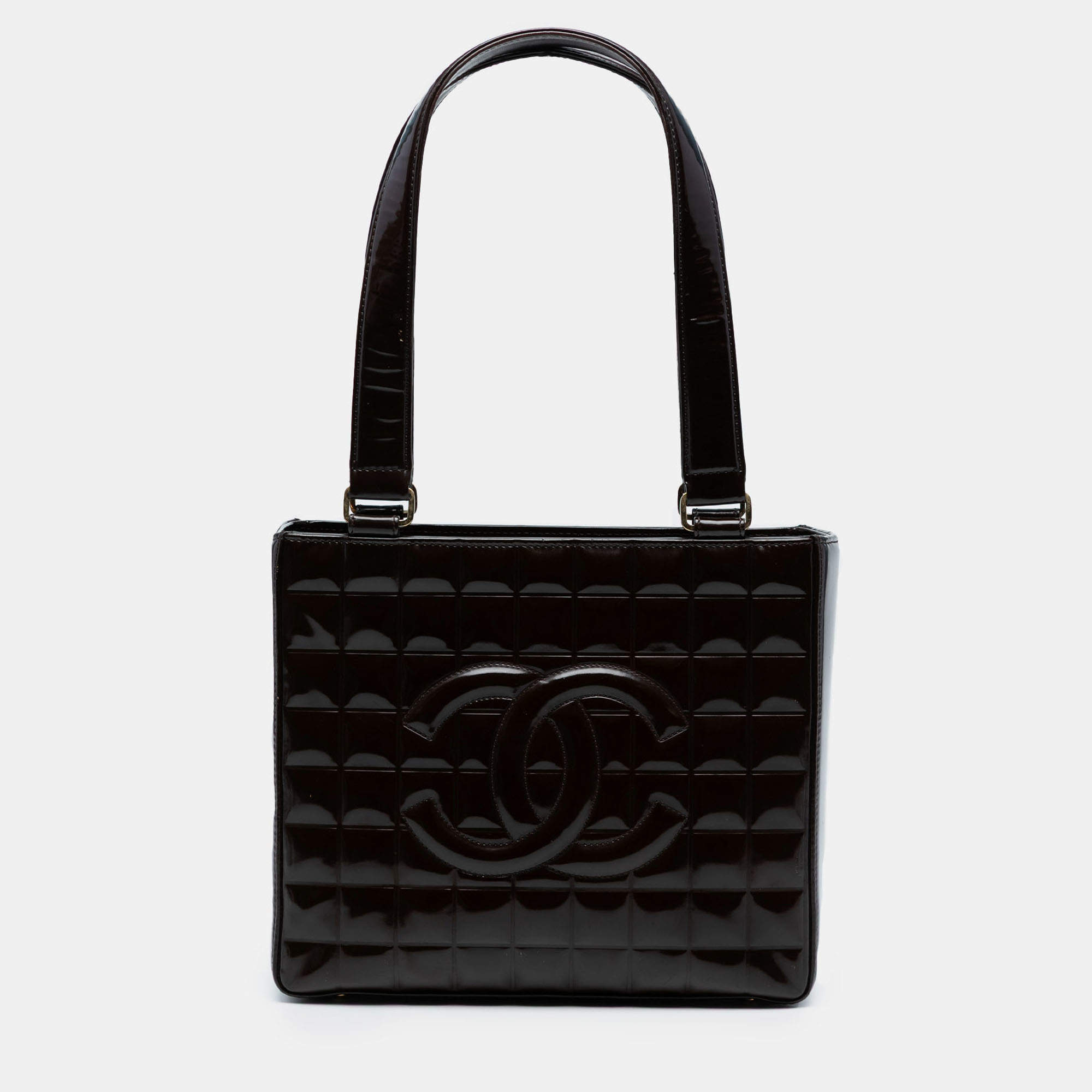 Pre Owned Chanel Brown CC Chocolate Bar Patent Shoulder Bag