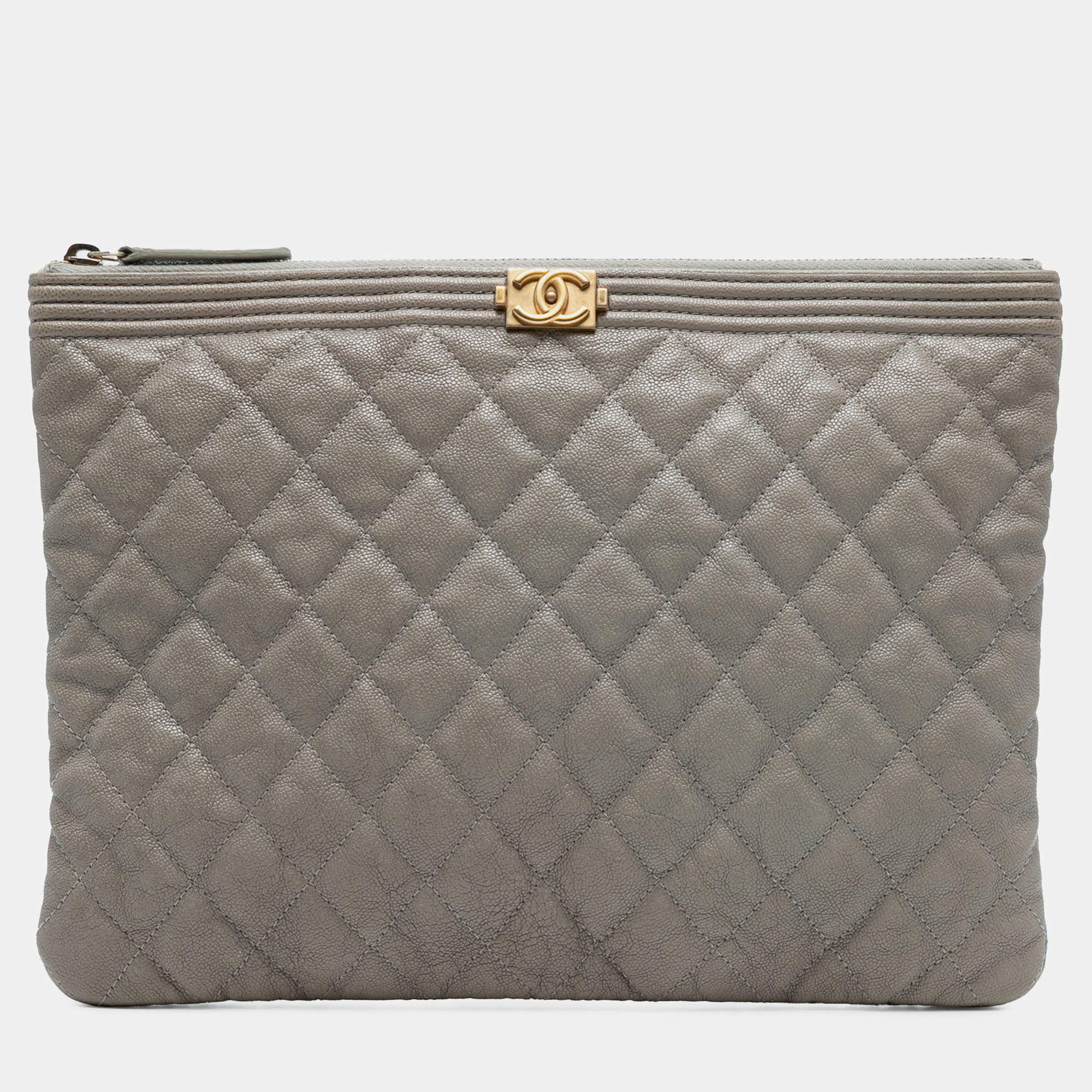 Pre Owned Chanel Grey Medium Quilted Caviar Boy O Case Clutch