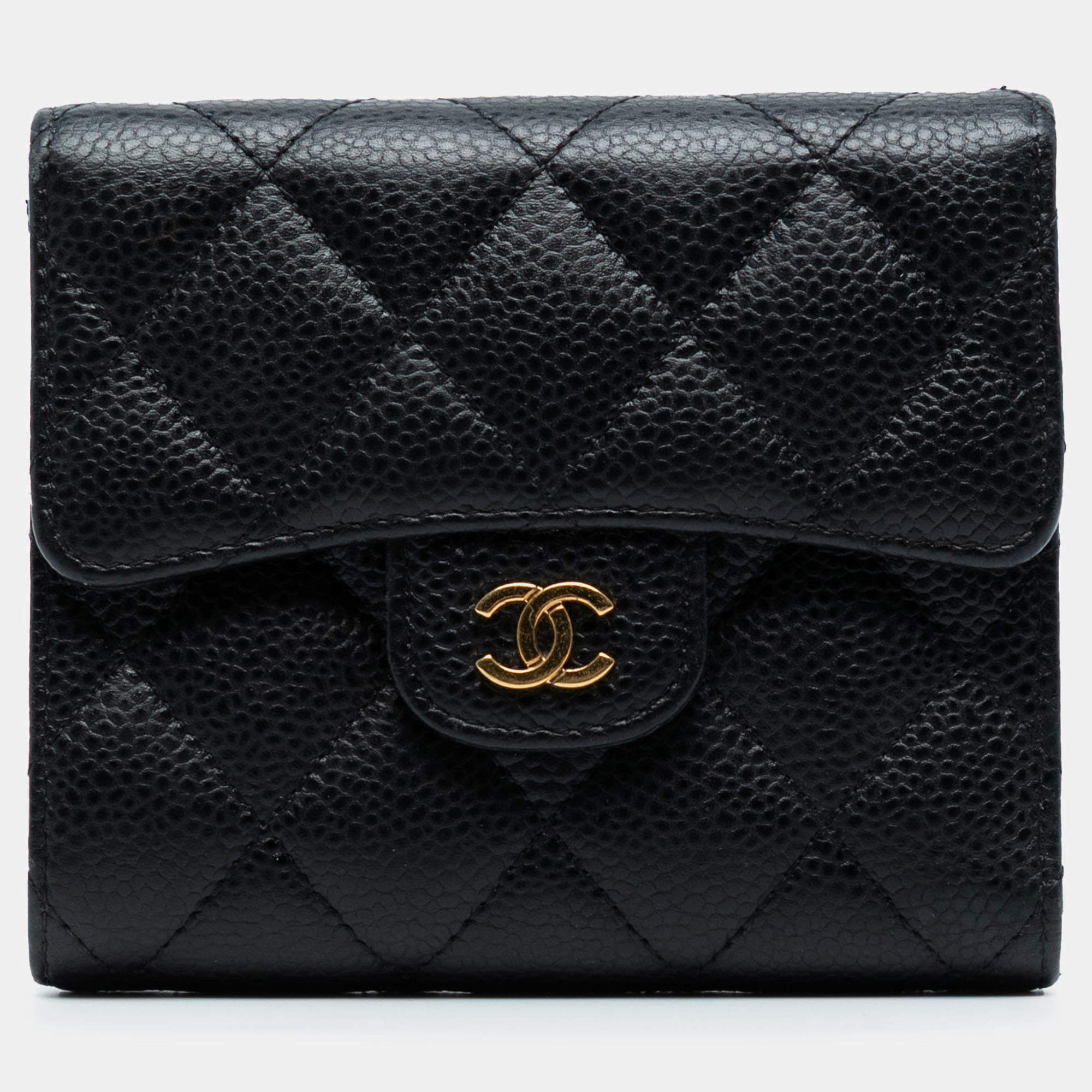 Pre Owned Chanel Black CC Quilted Caviar Compact Flap Wallet