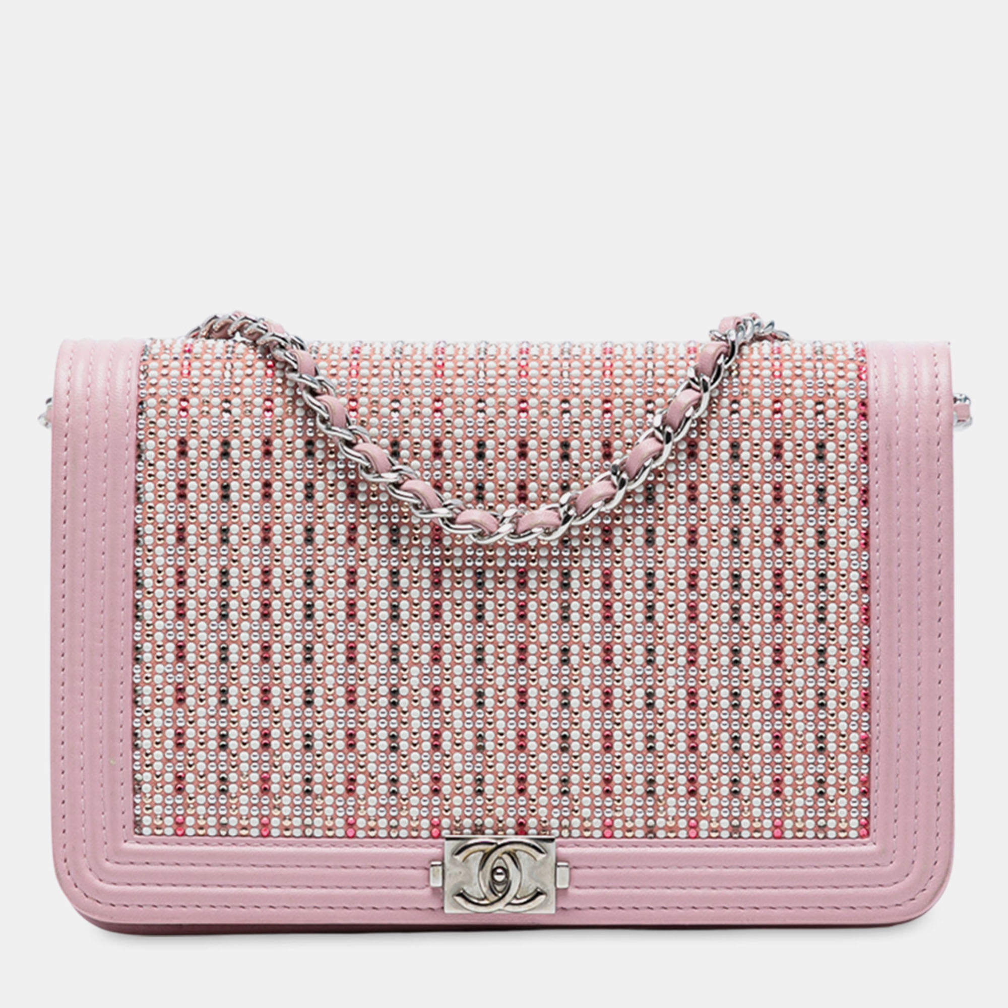 Pre Owned Chanel Pink Calfskin Crystal Studded Boy Wallet on Chain