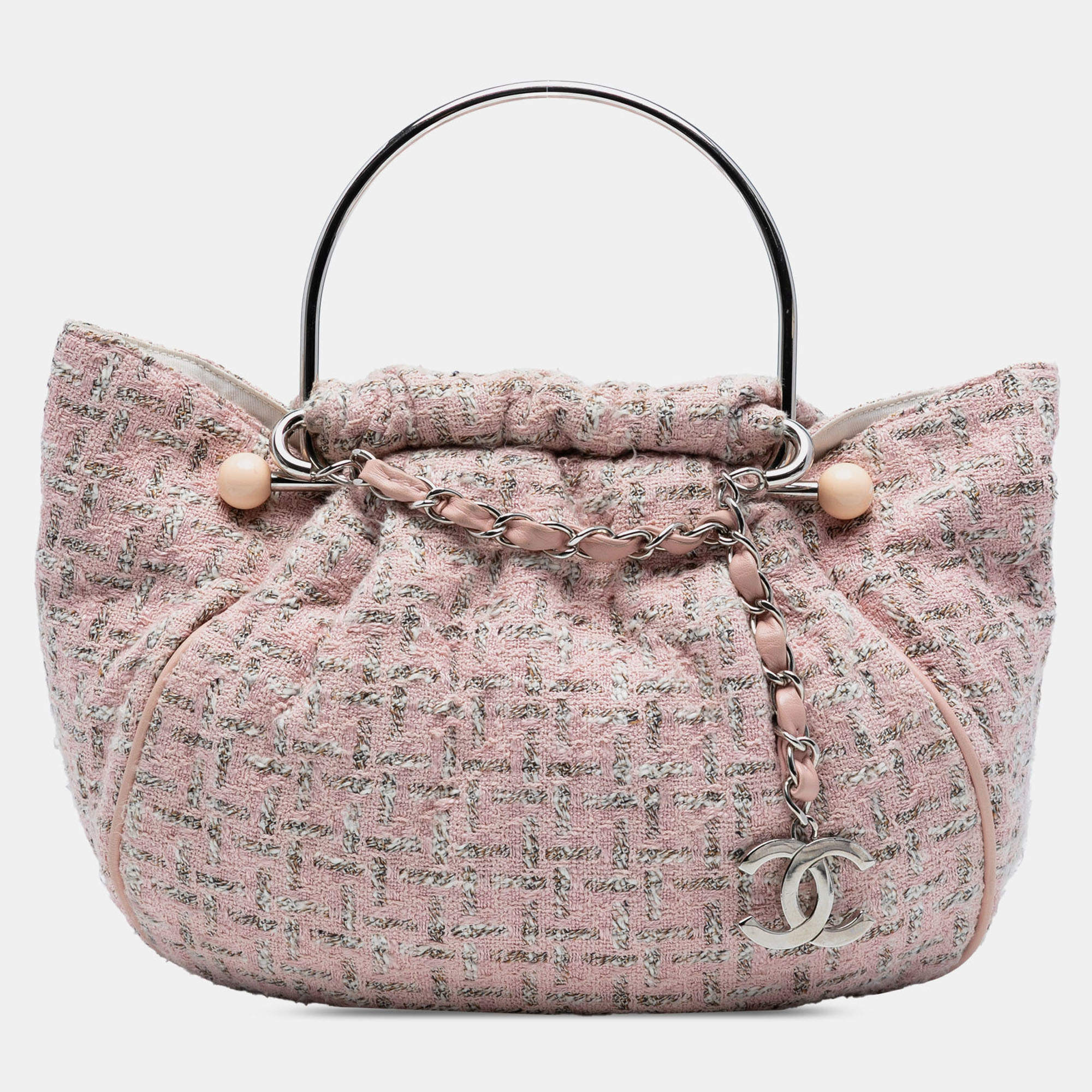 Pre Owned Chanel Pink Tweed Boucle Knitting Top Handle Bag