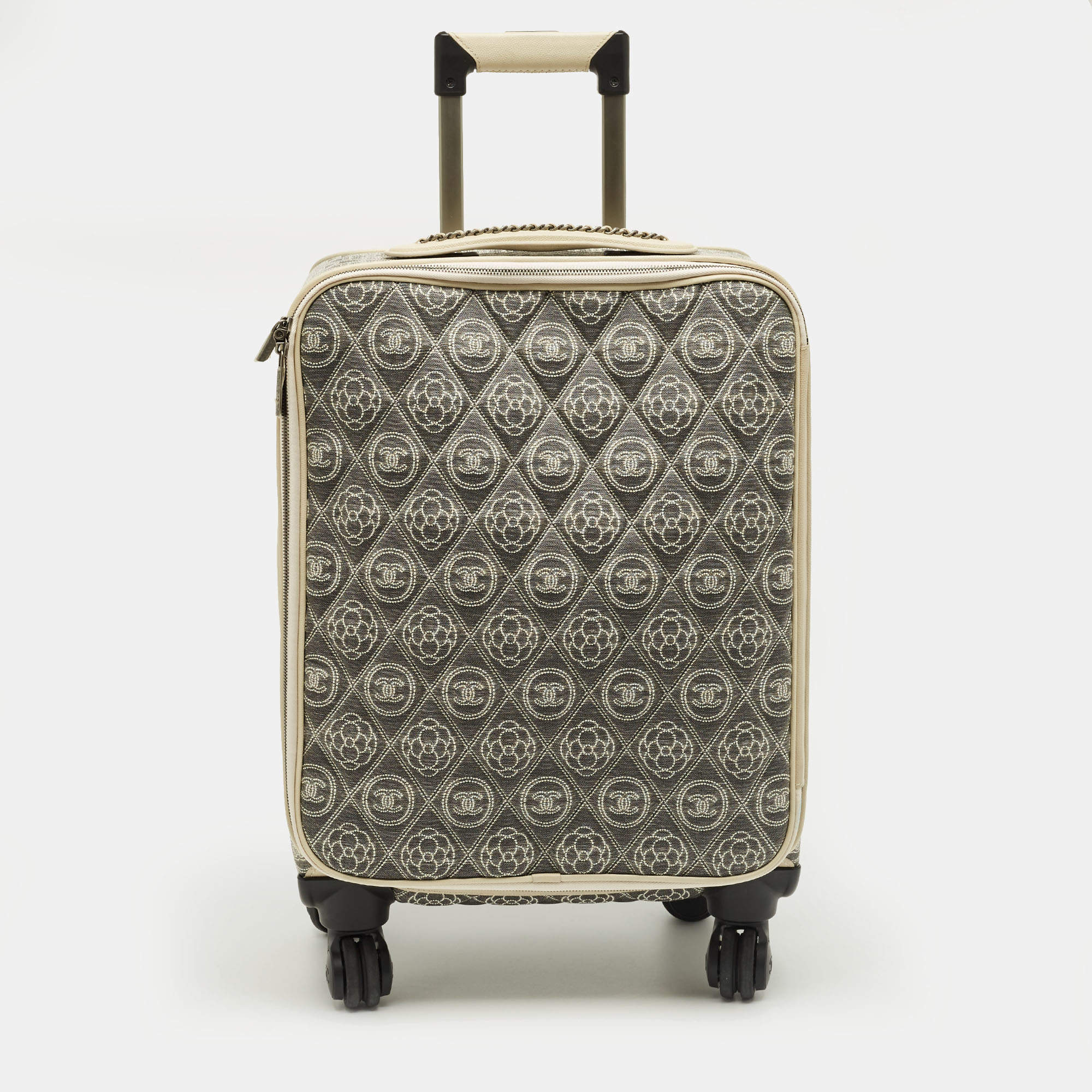 Pre Owned Chanel Grey/Off White Quilted Canvas Camellia Cabin Luggage