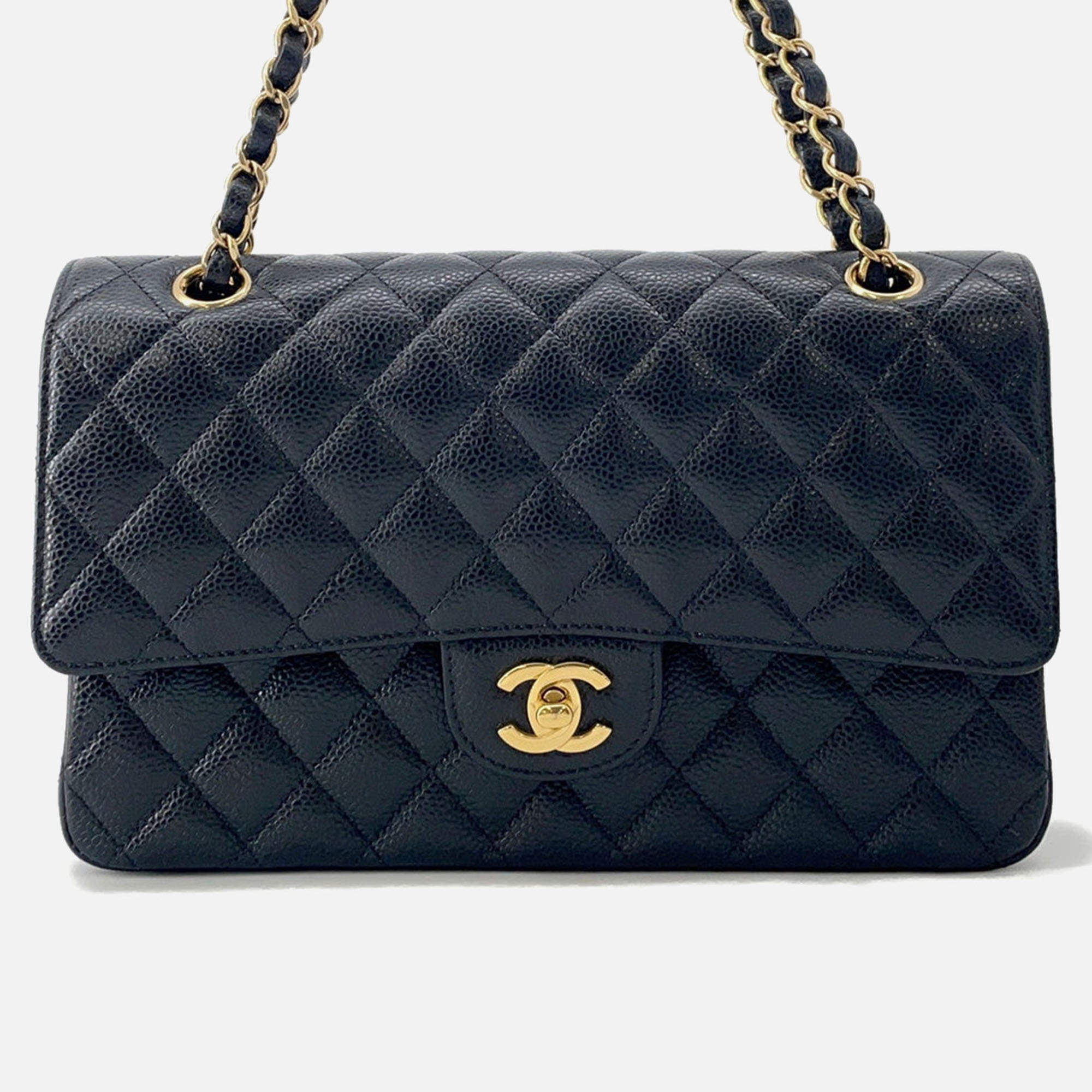Pre Owned Chanel Matelasse W-Flap W-Chain Shoulder Bag Black Caviar Leather Size 25