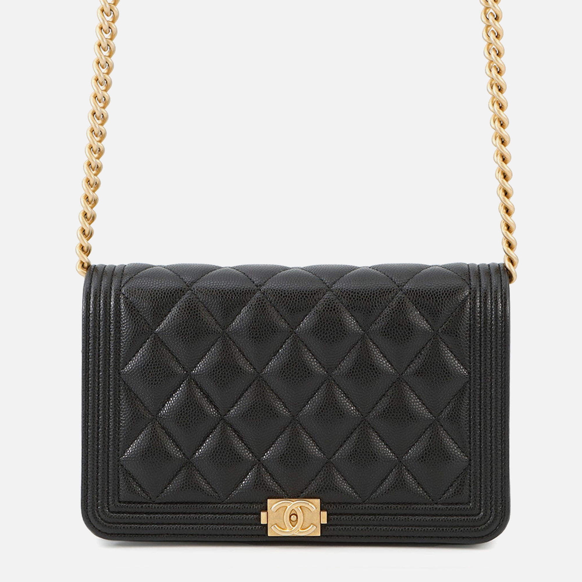 Pre Owned Chanel Boy Chanel Chain Wallet Black Caviar Leather