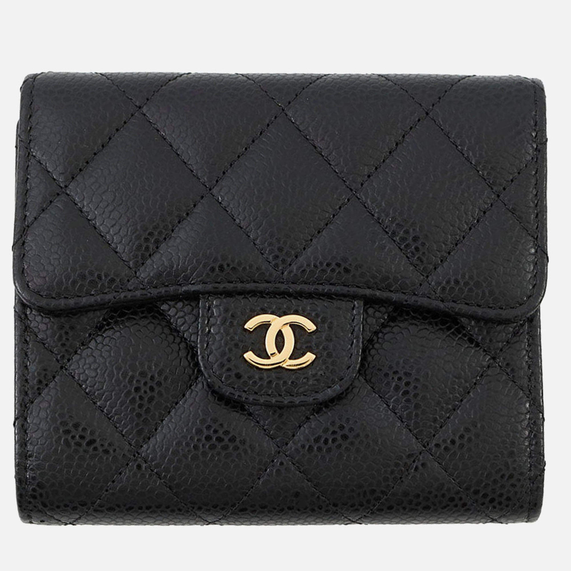 Pre Owned Chanel Matelasse Classic Small Flap Wallet Black Caviar Leather
