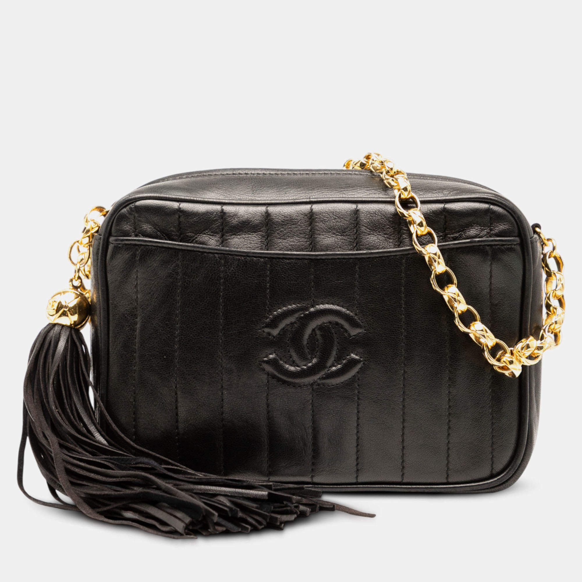 Pre Owned Chanel Black CC Quilted Lambskin Tassel Camera Bag