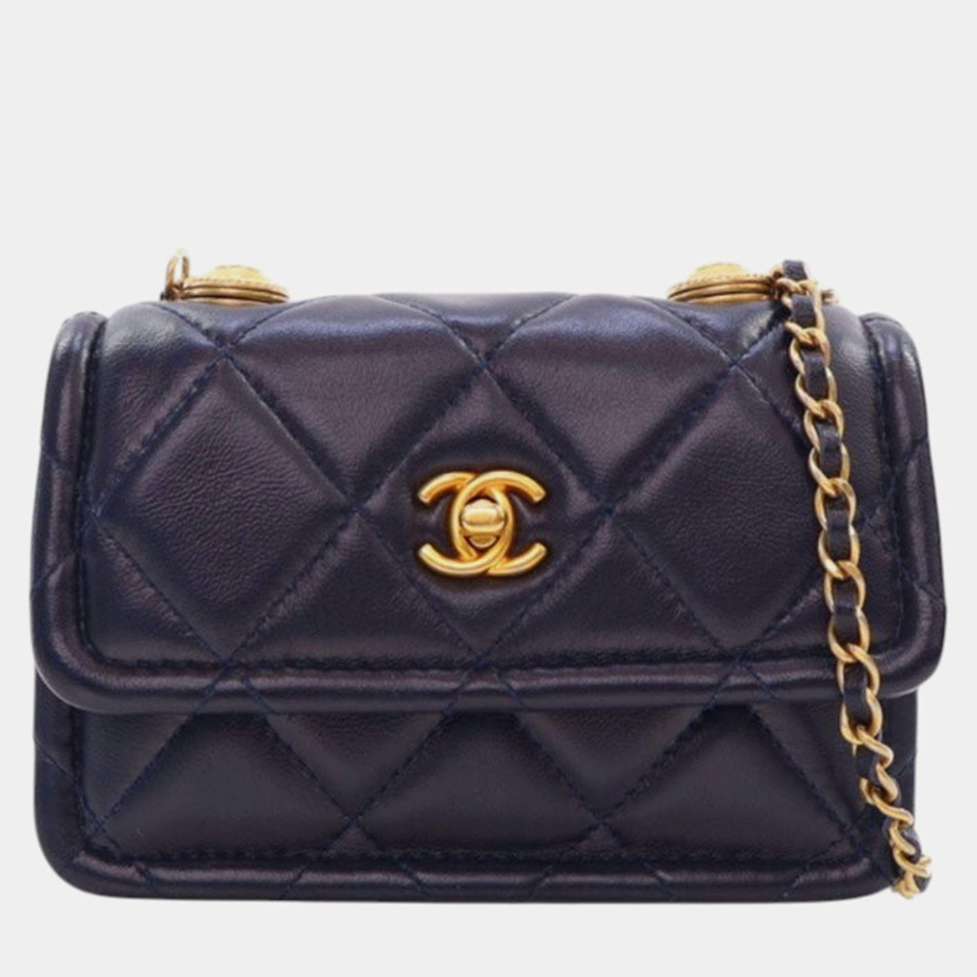 Pre Owned Chanel Navy Blue Mini Quilted Shiny Lambskin Button On Top Flap