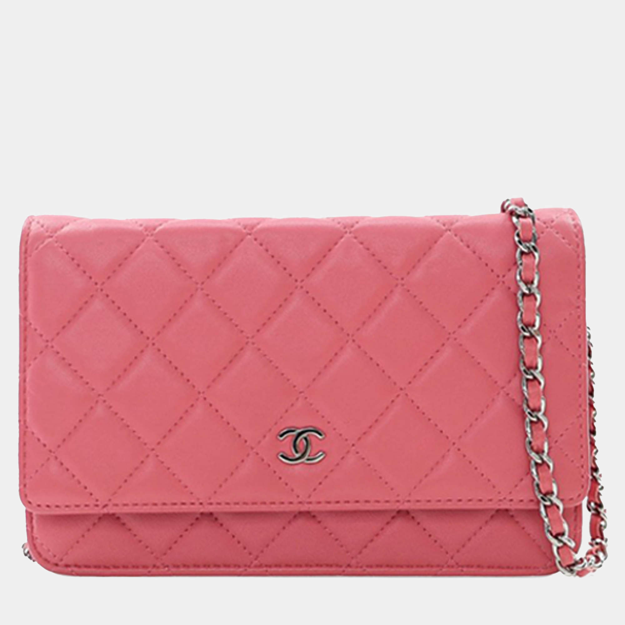 Pre Owned Chanel Pink Classic Lambskin Wallet on Chain