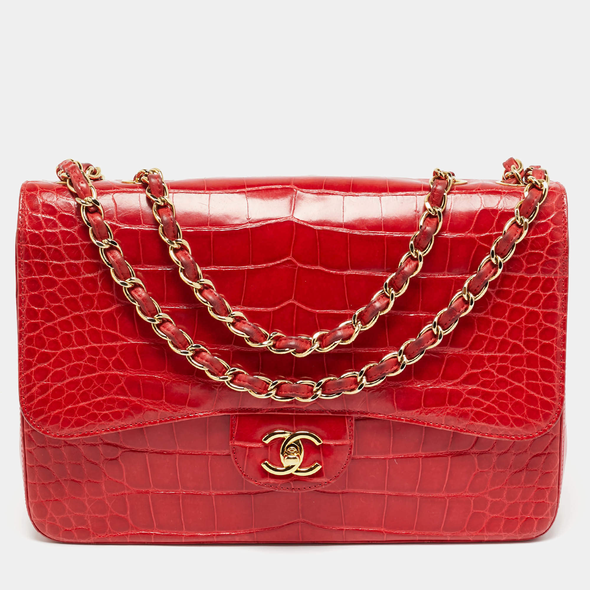 Pre Owned Chanel Red Crocodile Jumbo Classic Double Flap Bag